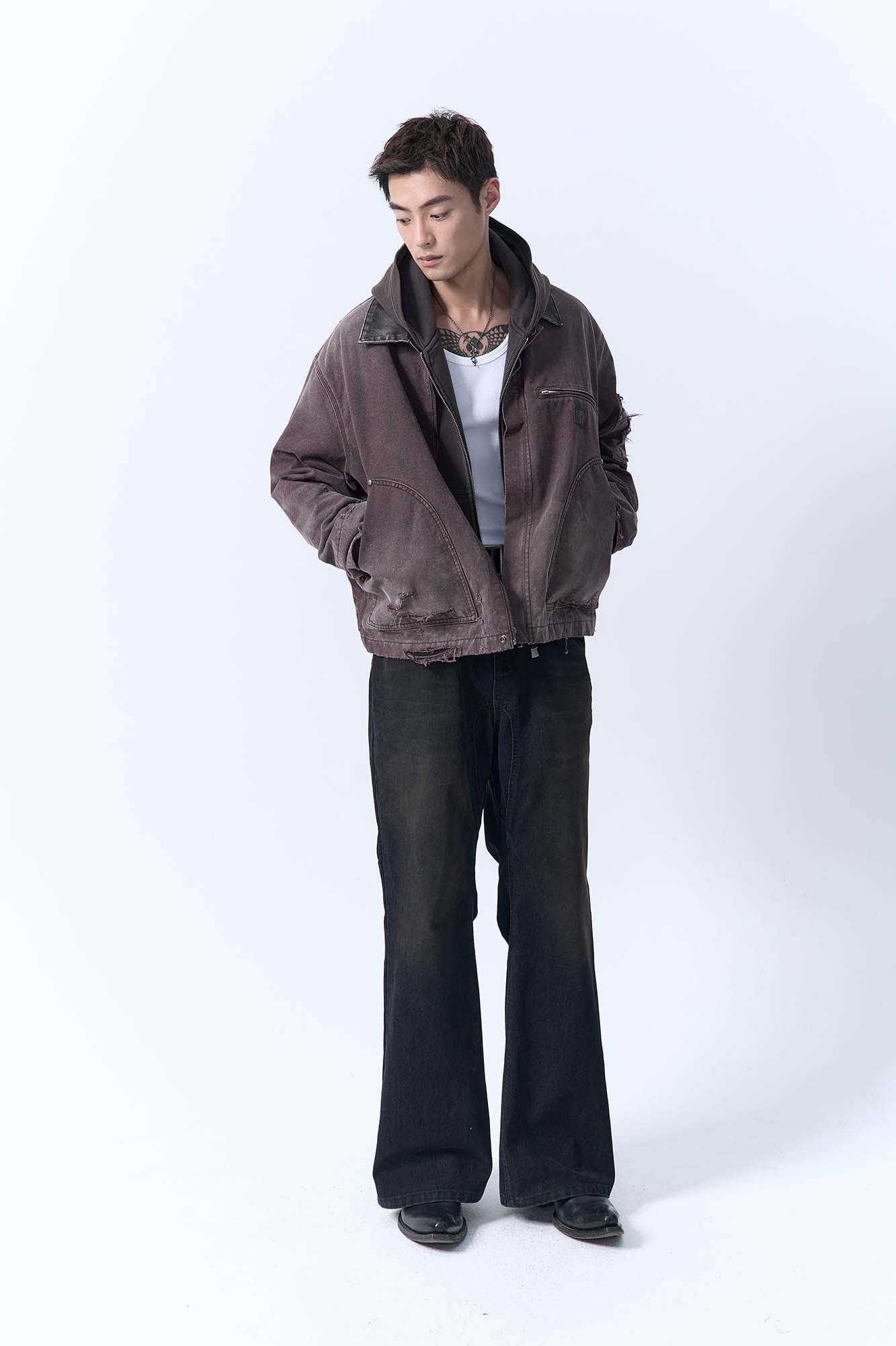 IN EXISTENCE Dirty-Washed Contrast Collar Detroit Jacket, premium urban and streetwear designers apparel on PROJECTISR.com, IN EXISTENCE
