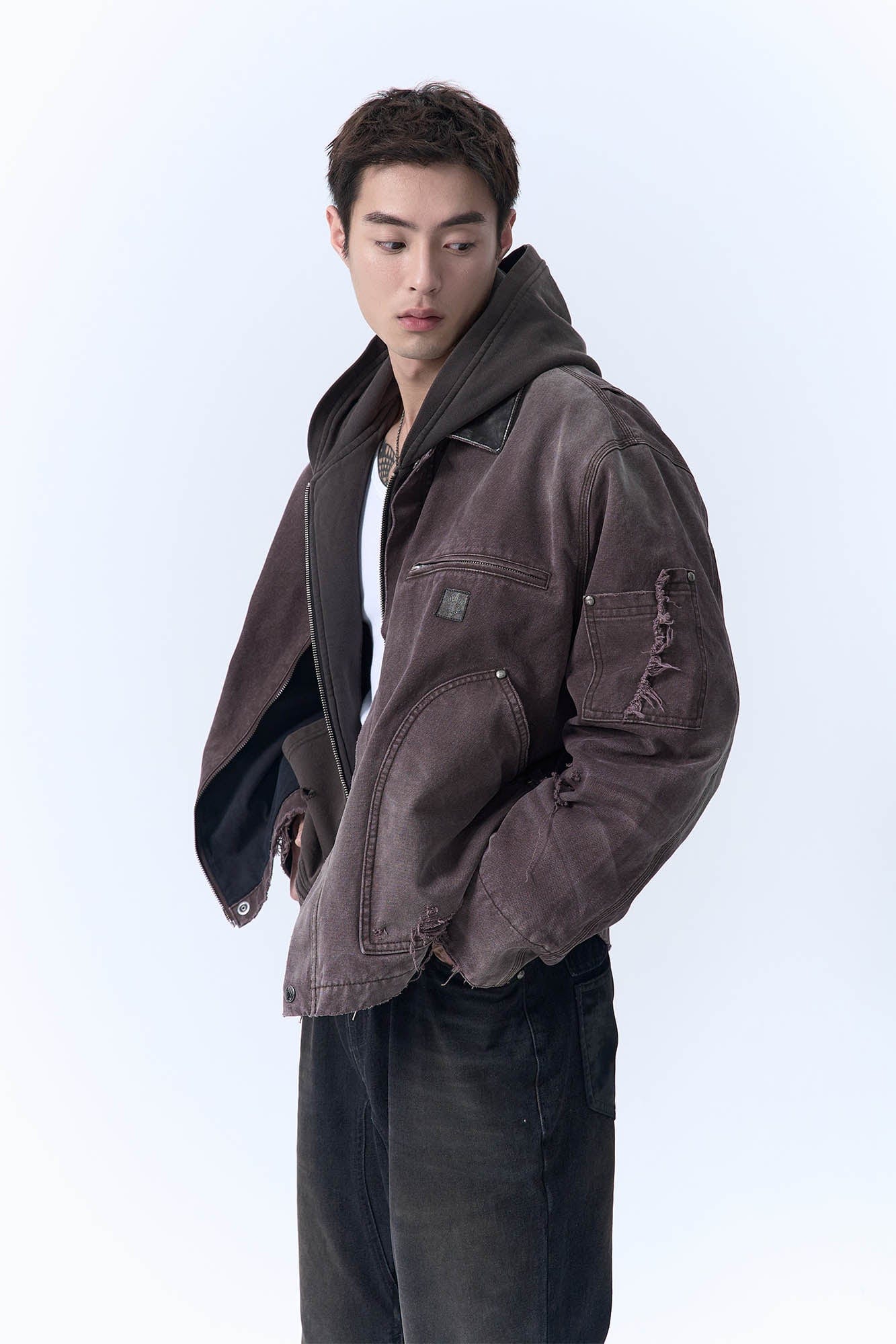 IN EXISTENCE Dirty-Washed Contrast Collar Detroit Jacket, premium urban and streetwear designers apparel on PROJECTISR.com, IN EXISTENCE