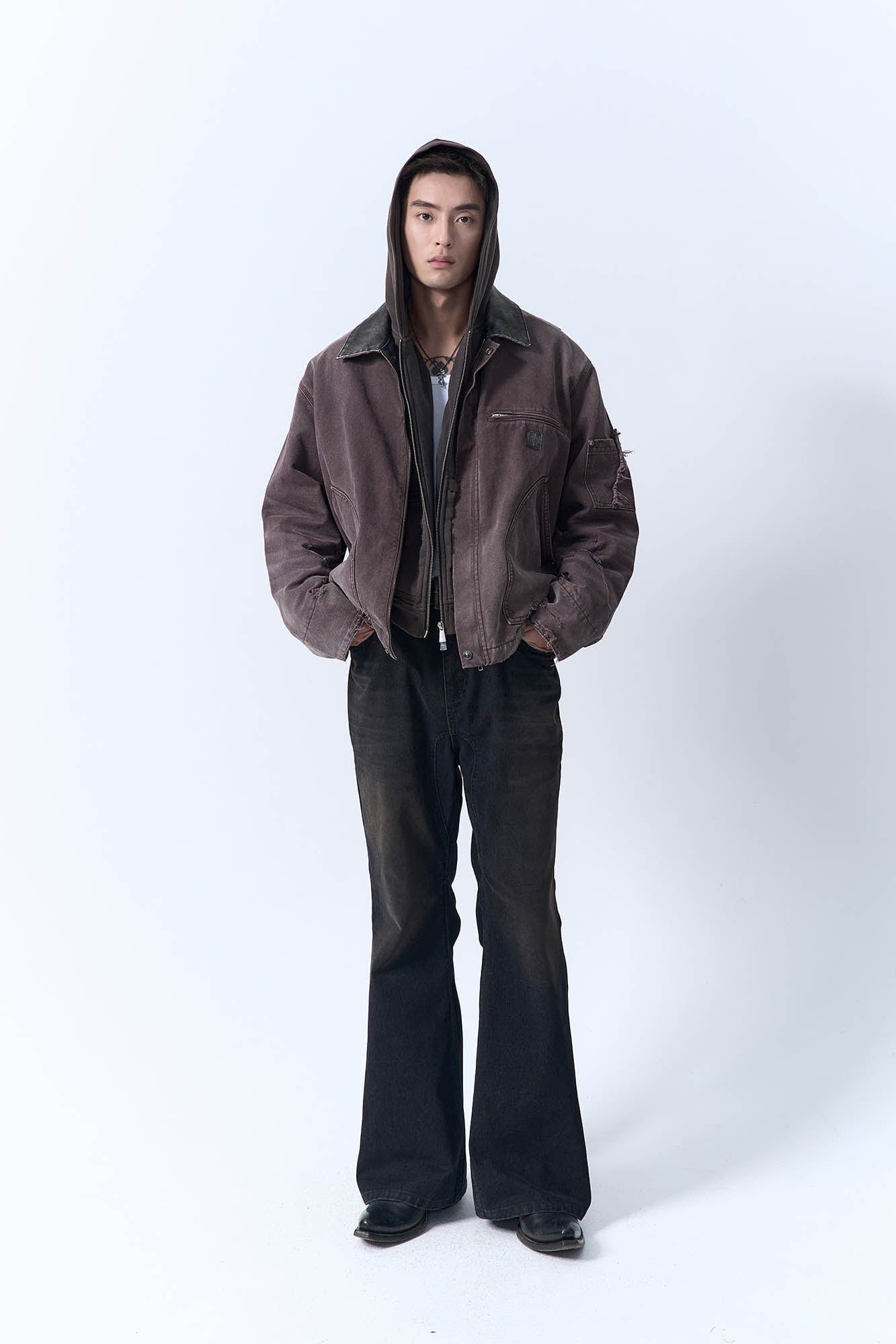 IN EXISTENCE Dirty-Washed Contrast Collar Detroit Jacket, premium urban and streetwear designers apparel on PROJECTISR.com, IN EXISTENCE