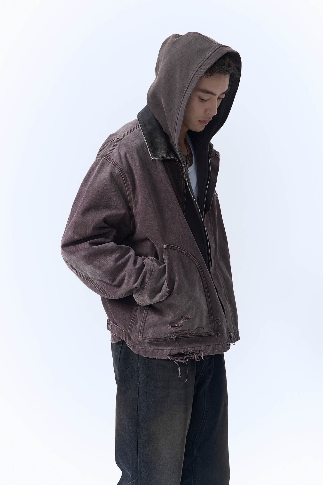 IN EXISTENCE Dirty-Washed Contrast Collar Detroit Jacket, premium urban and streetwear designers apparel on PROJECTISR.com, IN EXISTENCE