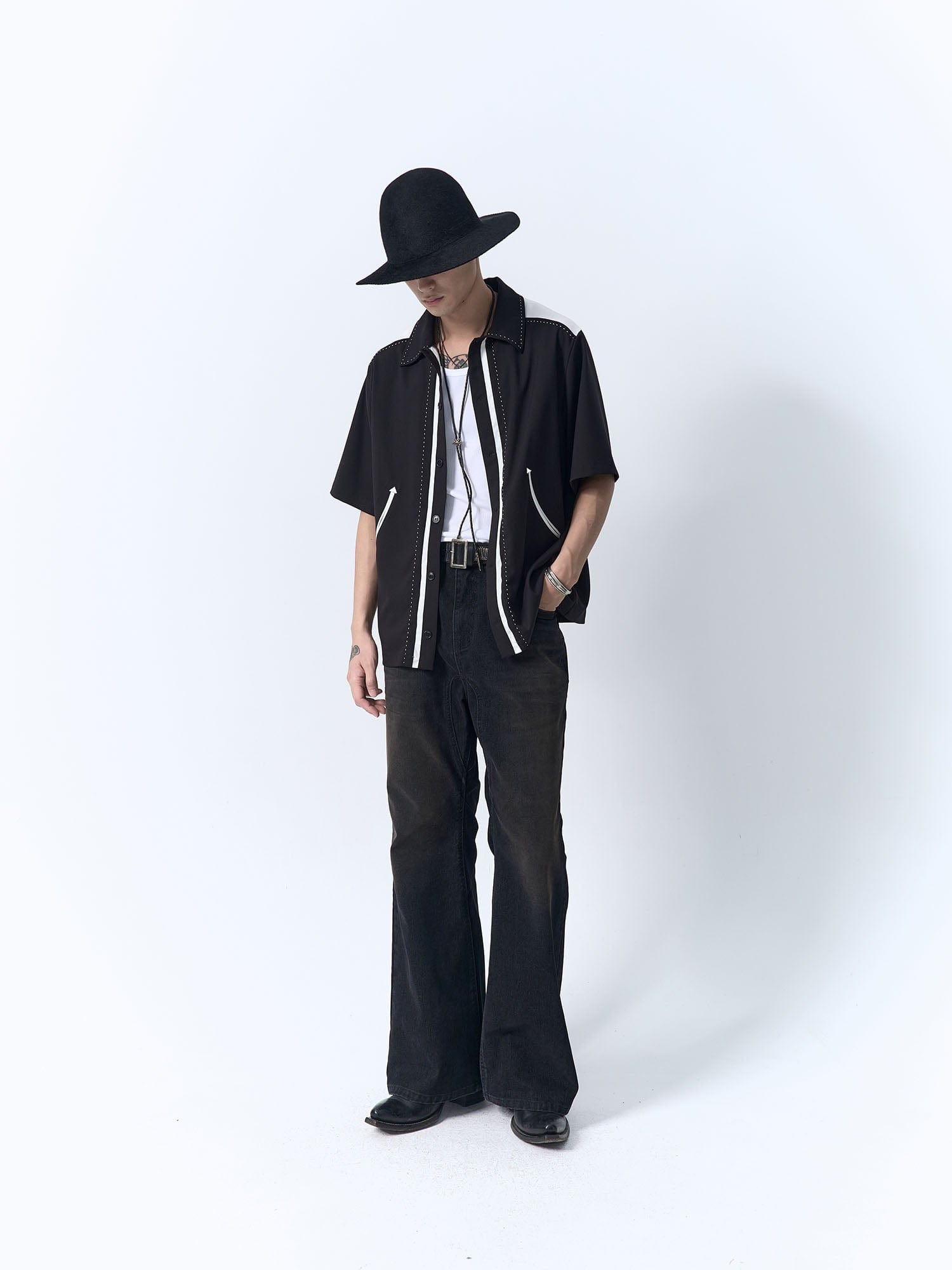 IN EXISTENCE Contrast-Panel Stitch Half Shirt, premium urban and streetwear designers apparel on PROJECTISR.com, IN EXISTENCE