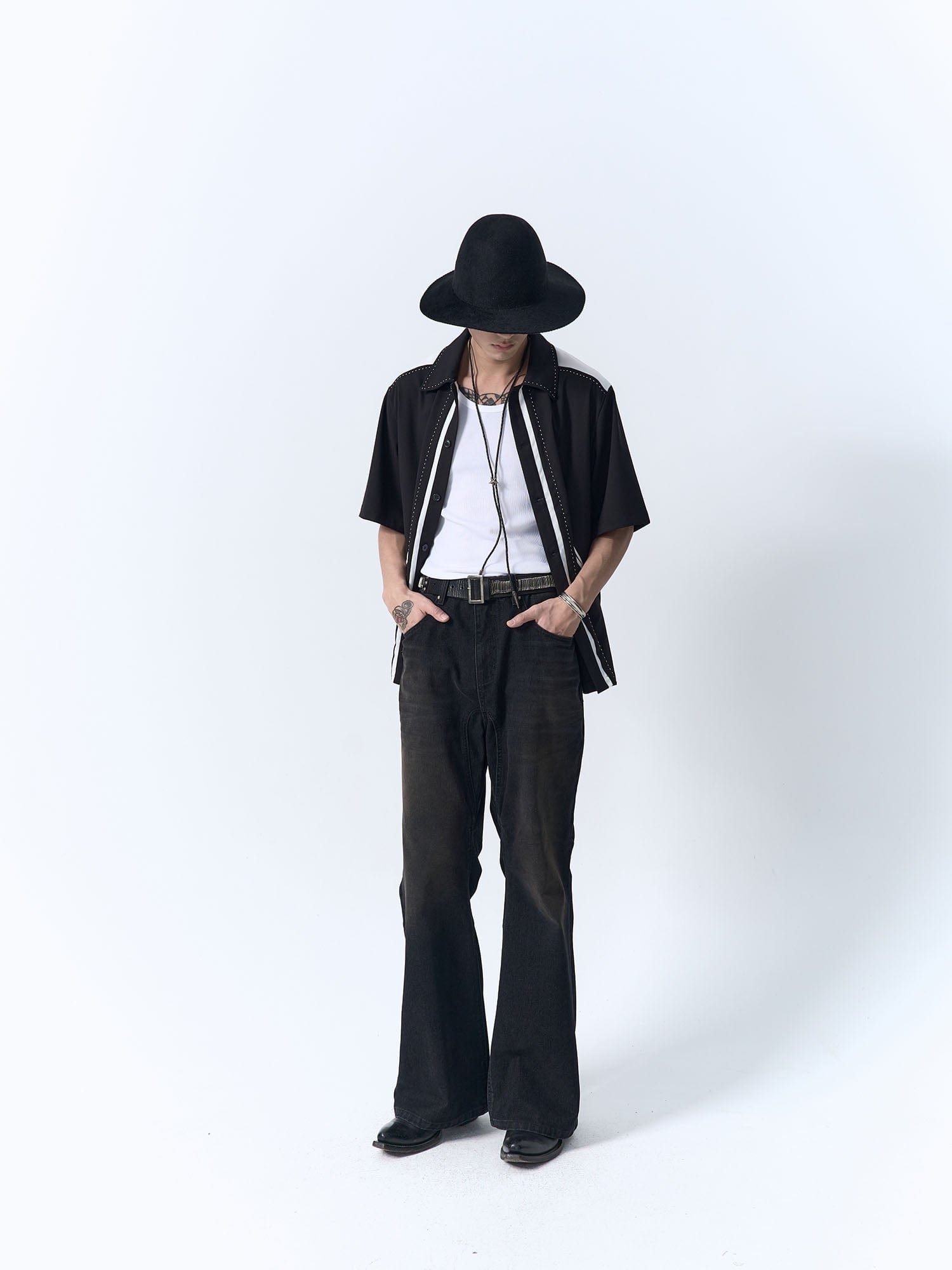 IN EXISTENCE Contrast-Panel Stitch Half Shirt, premium urban and streetwear designers apparel on PROJECTISR.com, IN EXISTENCE