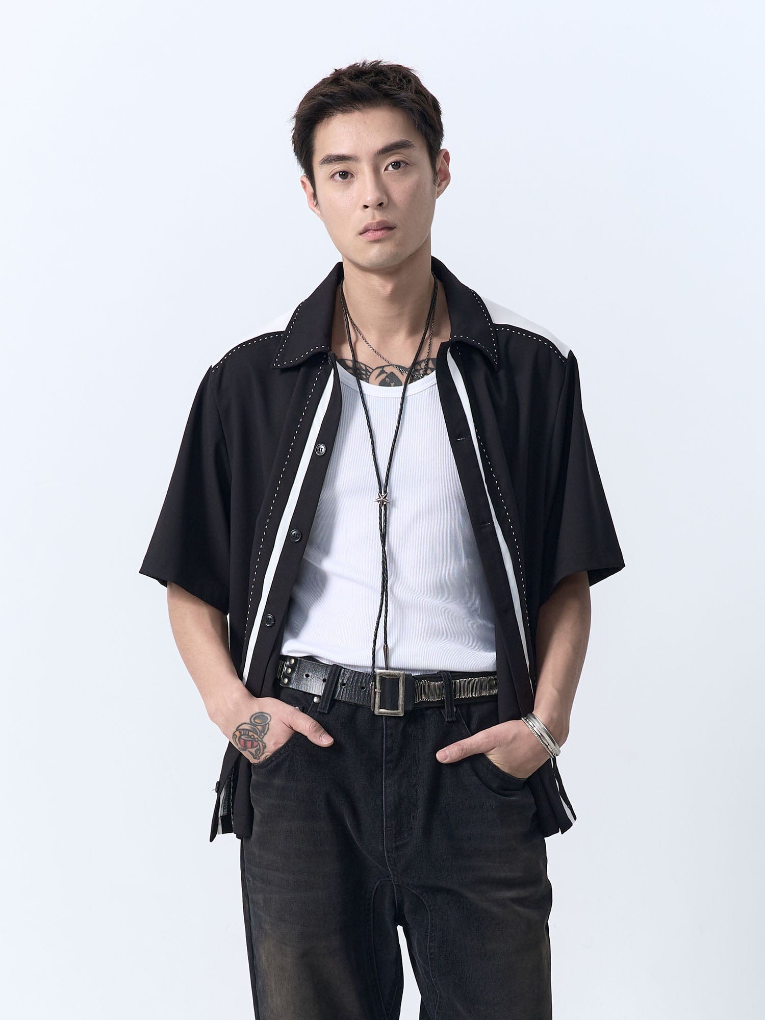 IN EXISTENCE Contrast-Panel Stitch Half Shirt, premium urban and streetwear designers apparel on PROJECTISR.com, IN EXISTENCE