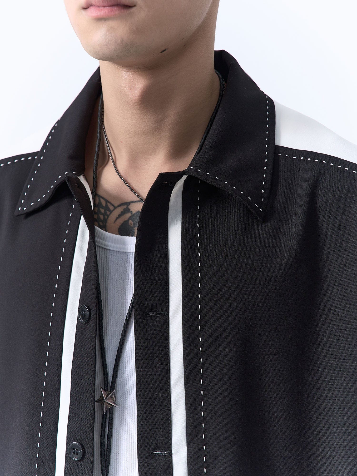 IN EXISTENCE Contrast-Panel Stitch Half Shirt, premium urban and streetwear designers apparel on PROJECTISR.com, IN EXISTENCE