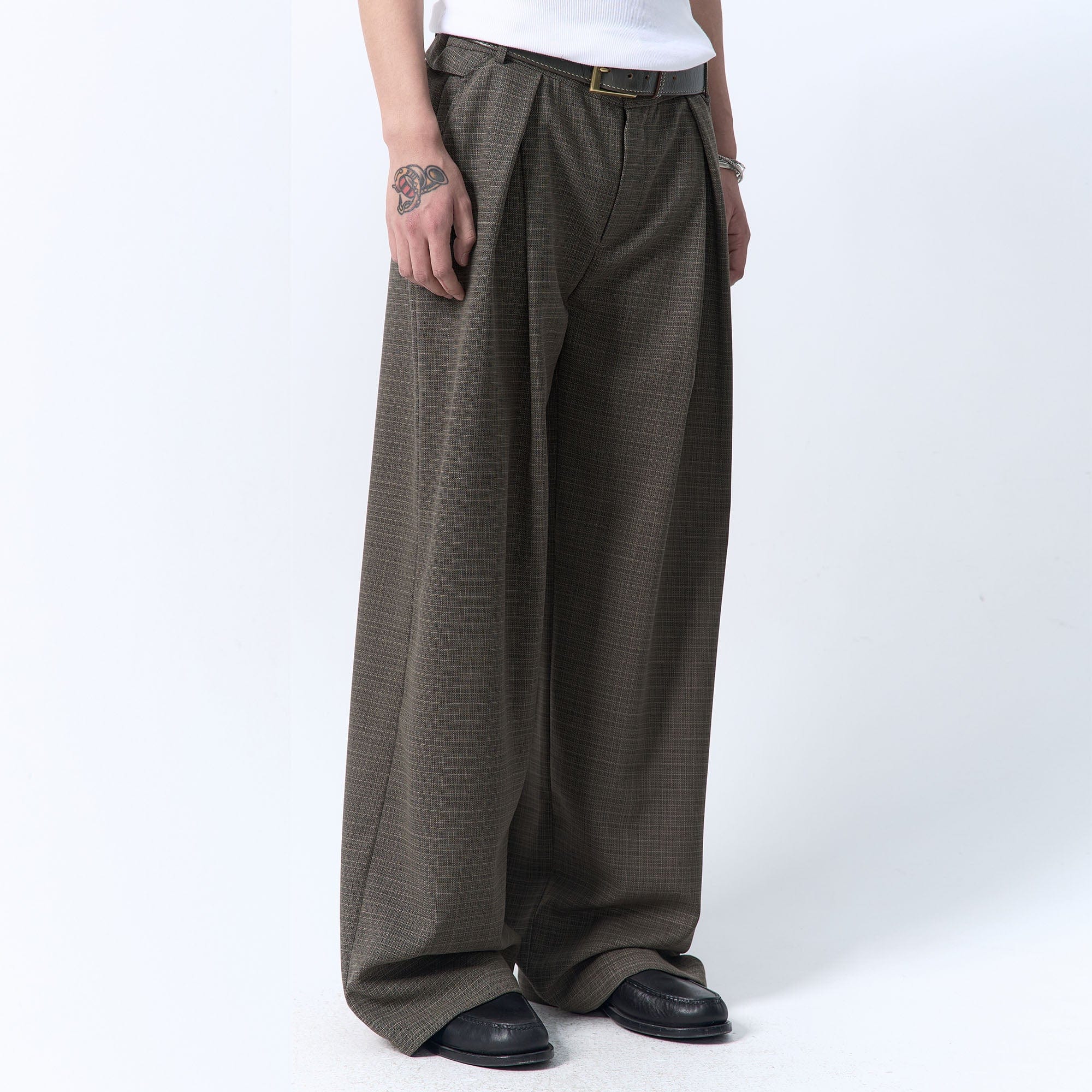 IN EXISTENCE Inverted Pleats Mini Check Wide-Leg Trousers, premium urban and streetwear designers apparel on PROJECTISR.com, IN EXISTENCE