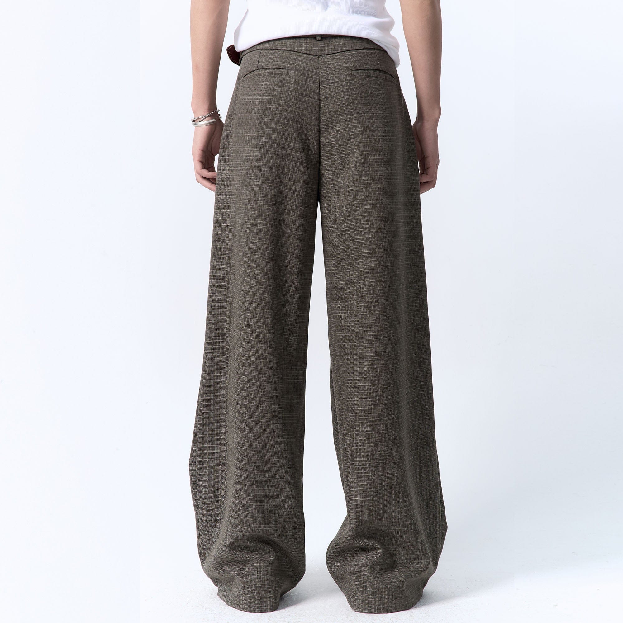 IN EXISTENCE Inverted Pleats Mini Check Wide-Leg Trousers, premium urban and streetwear designers apparel on PROJECTISR.com, IN EXISTENCE