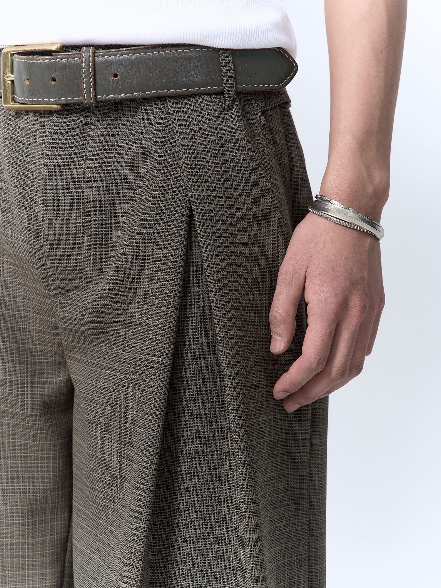 IN EXISTENCE Inverted Pleats Mini Check Wide-Leg Trousers, premium urban and streetwear designers apparel on PROJECTISR.com, IN EXISTENCE
