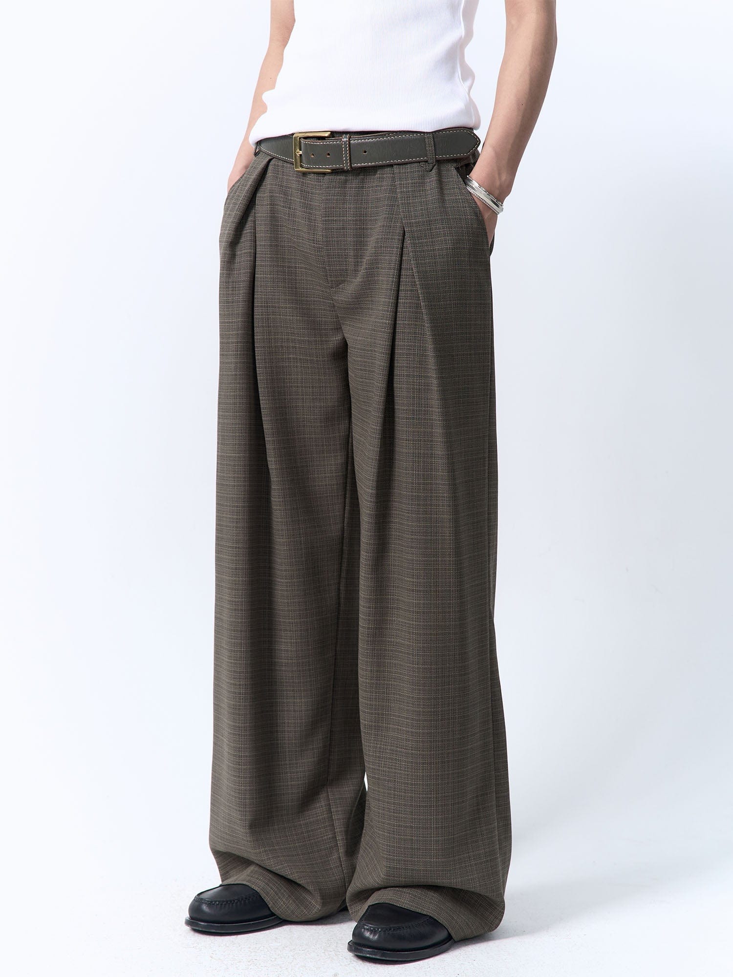 IN EXISTENCE Inverted Pleats Mini Check Wide-Leg Trousers, premium urban and streetwear designers apparel on PROJECTISR.com, IN EXISTENCE