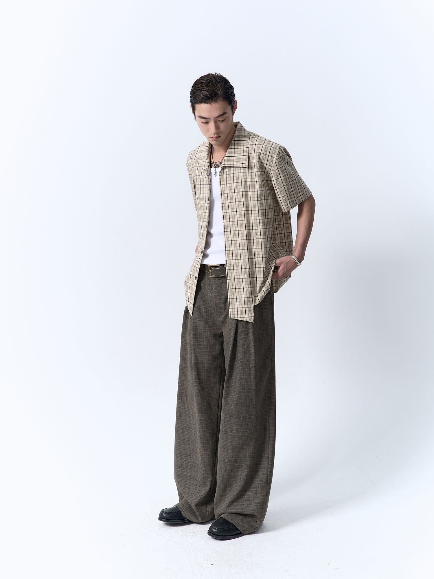 IN EXISTENCE Inverted Pleats Mini Check Wide-Leg Trousers, premium urban and streetwear designers apparel on PROJECTISR.com, IN EXISTENCE