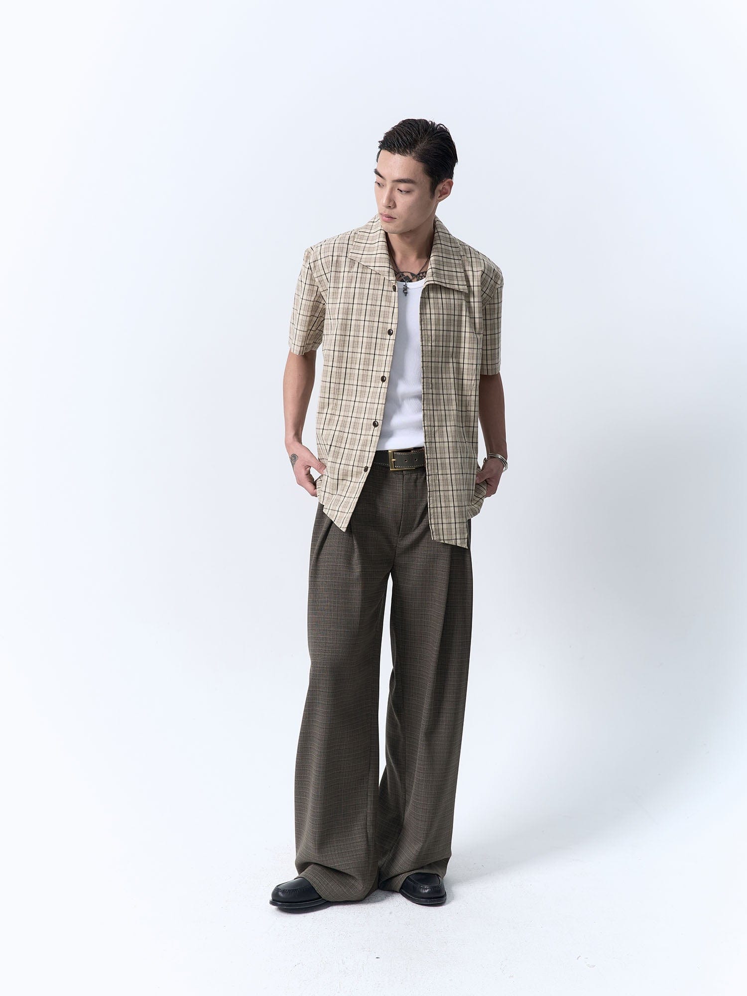 IN EXISTENCE Inverted Pleats Mini Check Wide-Leg Trousers, premium urban and streetwear designers apparel on PROJECTISR.com, IN EXISTENCE