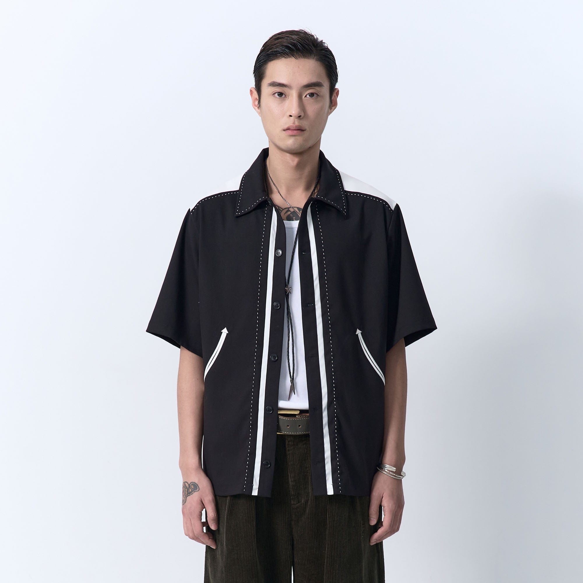 IN EXISTENCE Contrast-Panel Stitch Half Shirt, premium urban and streetwear designers apparel on PROJECTISR.com, IN EXISTENCE