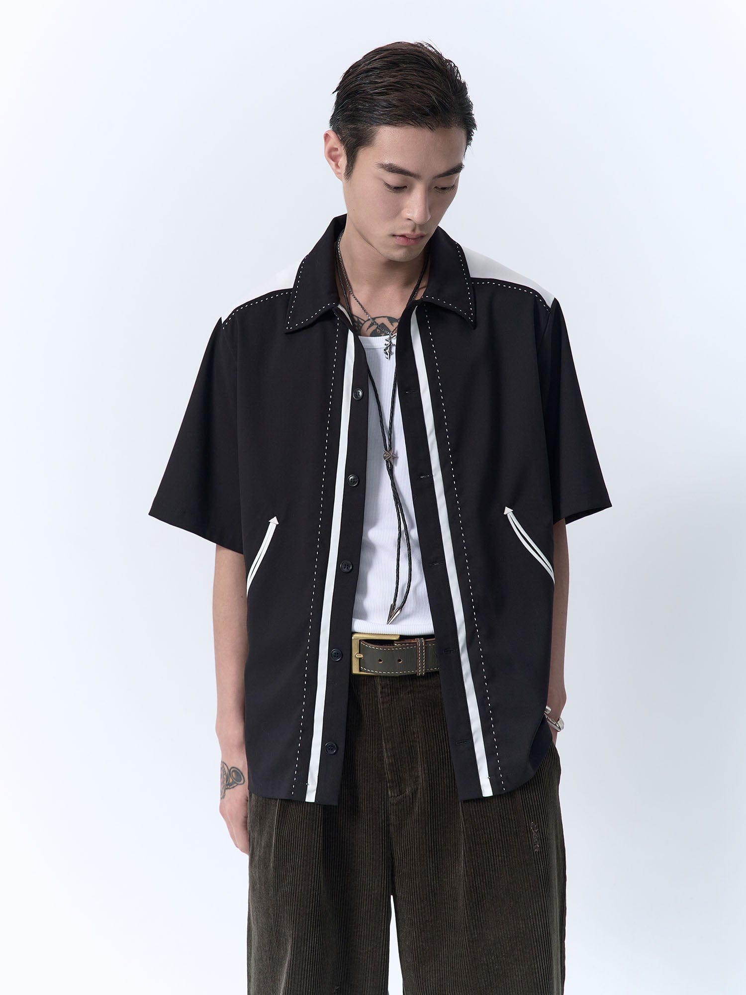 IN EXISTENCE Contrast-Panel Stitch Half Shirt, premium urban and streetwear designers apparel on PROJECTISR.com, IN EXISTENCE