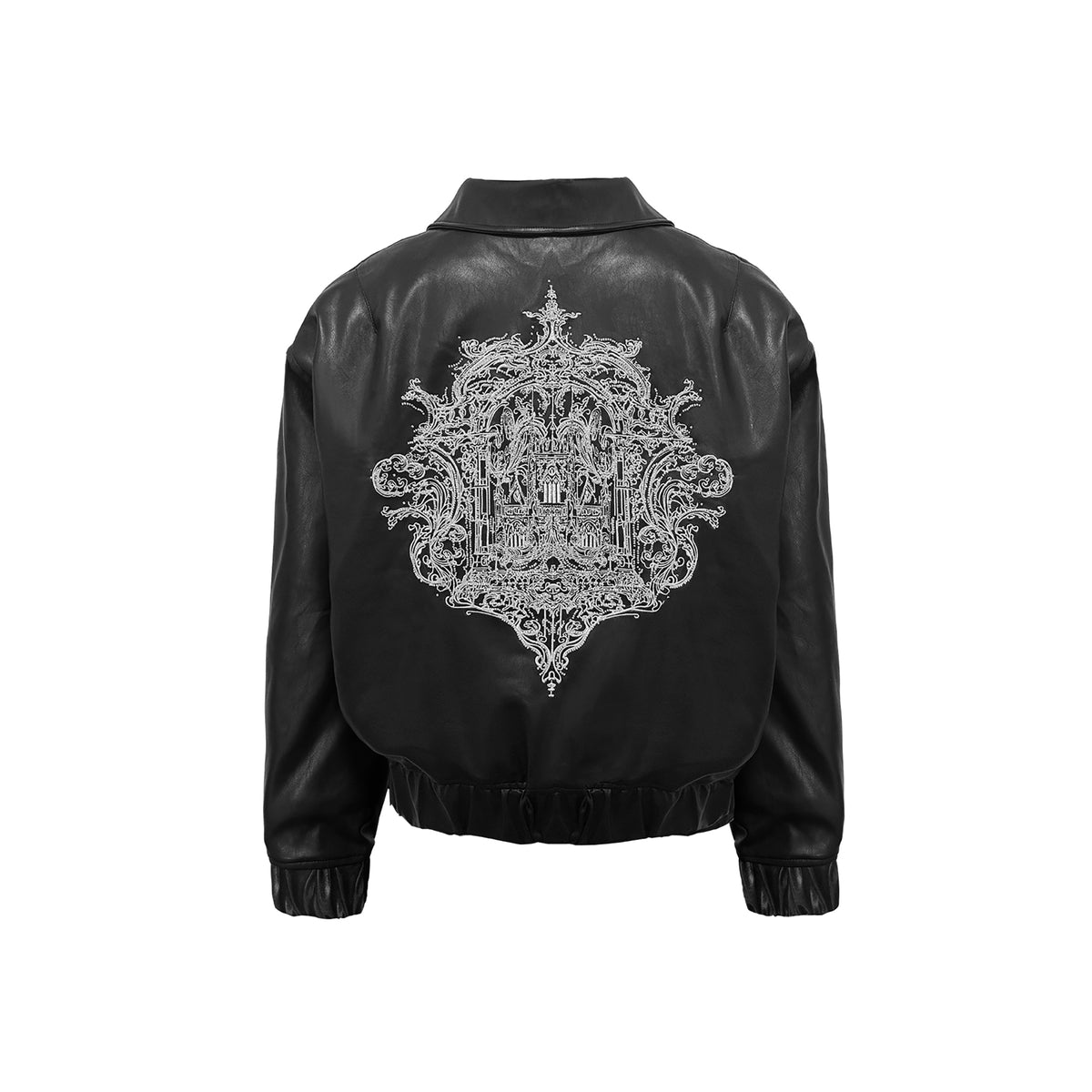 WANNA LAB Studded Embroidered Collar Faux Leather Jacket