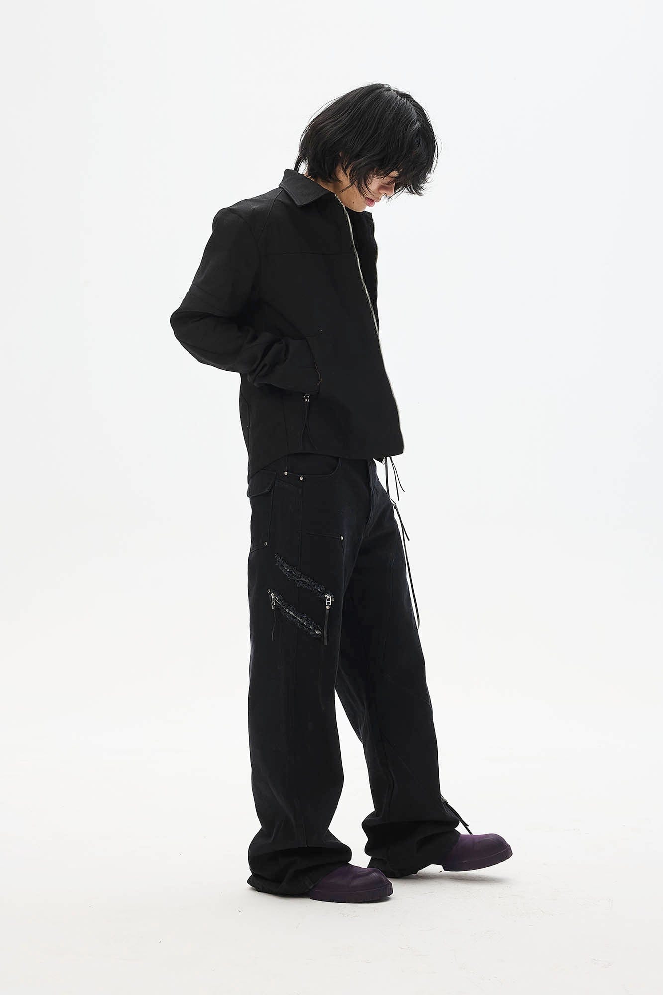 WHISTLEHUNTER Asymmetrical Zipper Frayed Flared Pants, premium urban and streetwear designers apparel on PROJECTISR.com, WHISTLEHUNTER