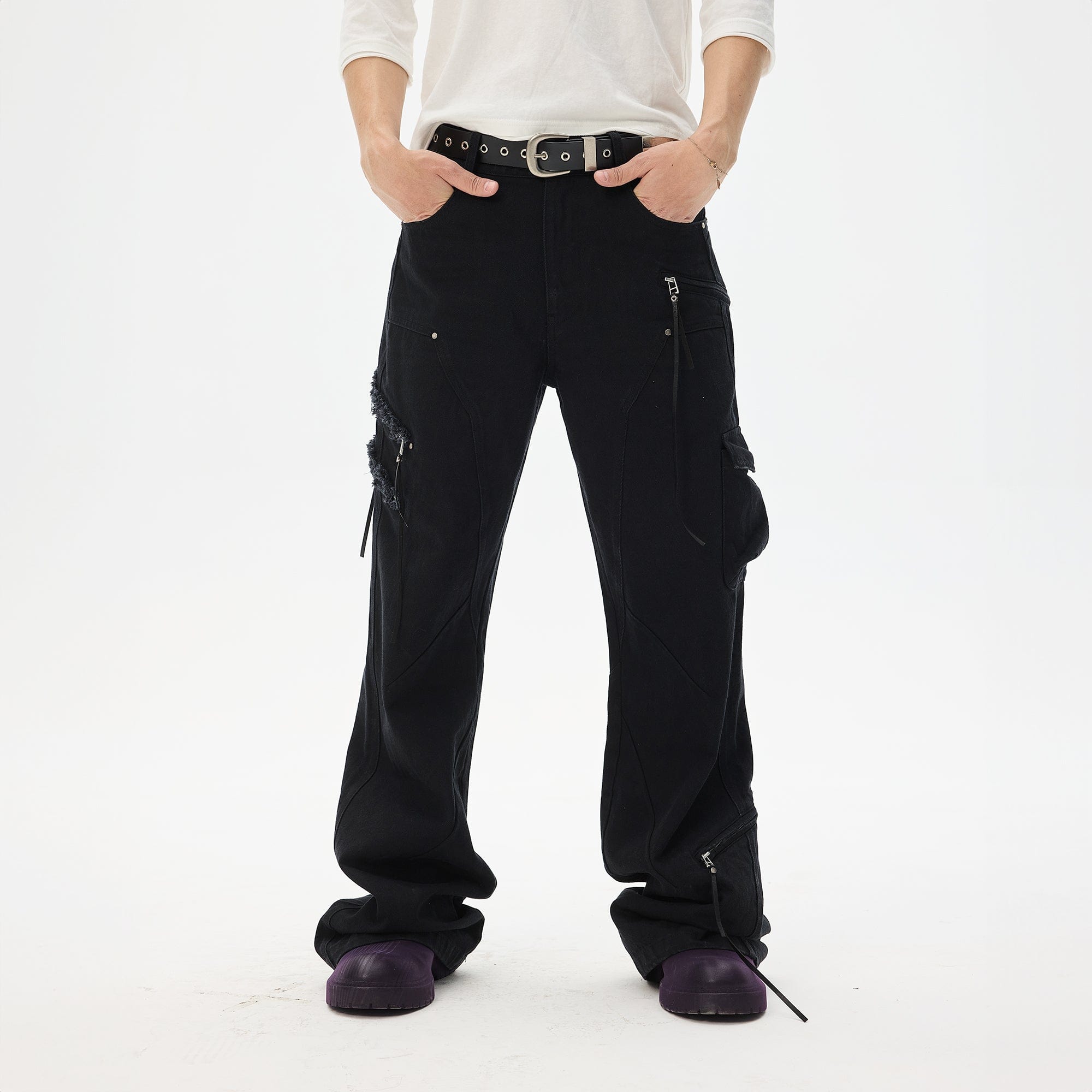 WHISTLEHUNTER Asymmetrical Zipper Frayed Flared Pants, premium urban and streetwear designers apparel on PROJECTISR.com, WHISTLEHUNTER