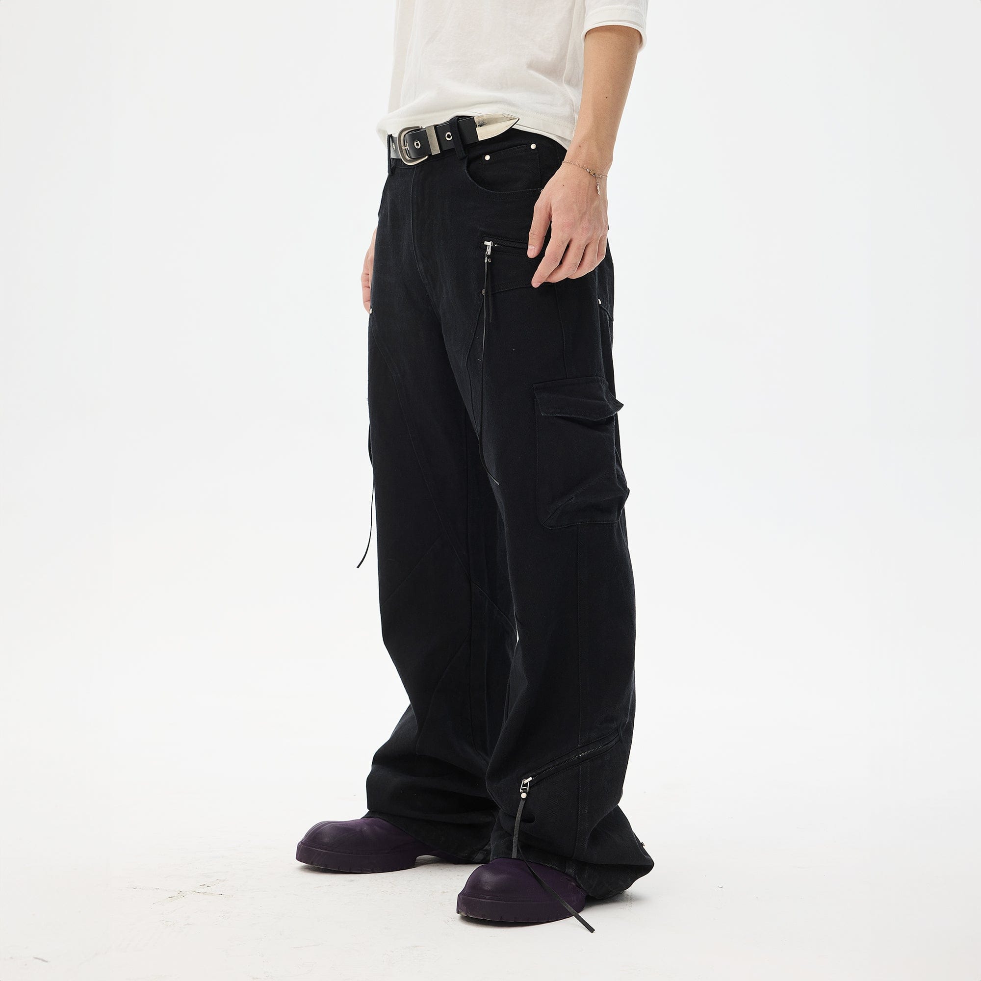 WHISTLEHUNTER Asymmetrical Zipper Frayed Flared Pants, premium urban and streetwear designers apparel on PROJECTISR.com, WHISTLEHUNTER