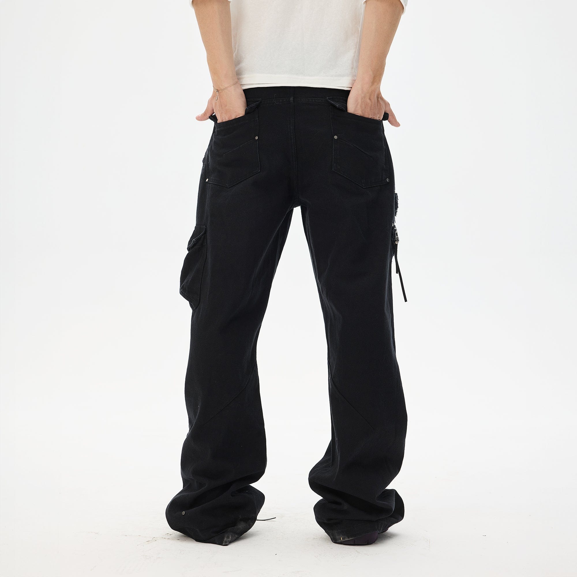 WHISTLEHUNTER Asymmetrical Zipper Frayed Flared Pants, premium urban and streetwear designers apparel on PROJECTISR.com, WHISTLEHUNTER