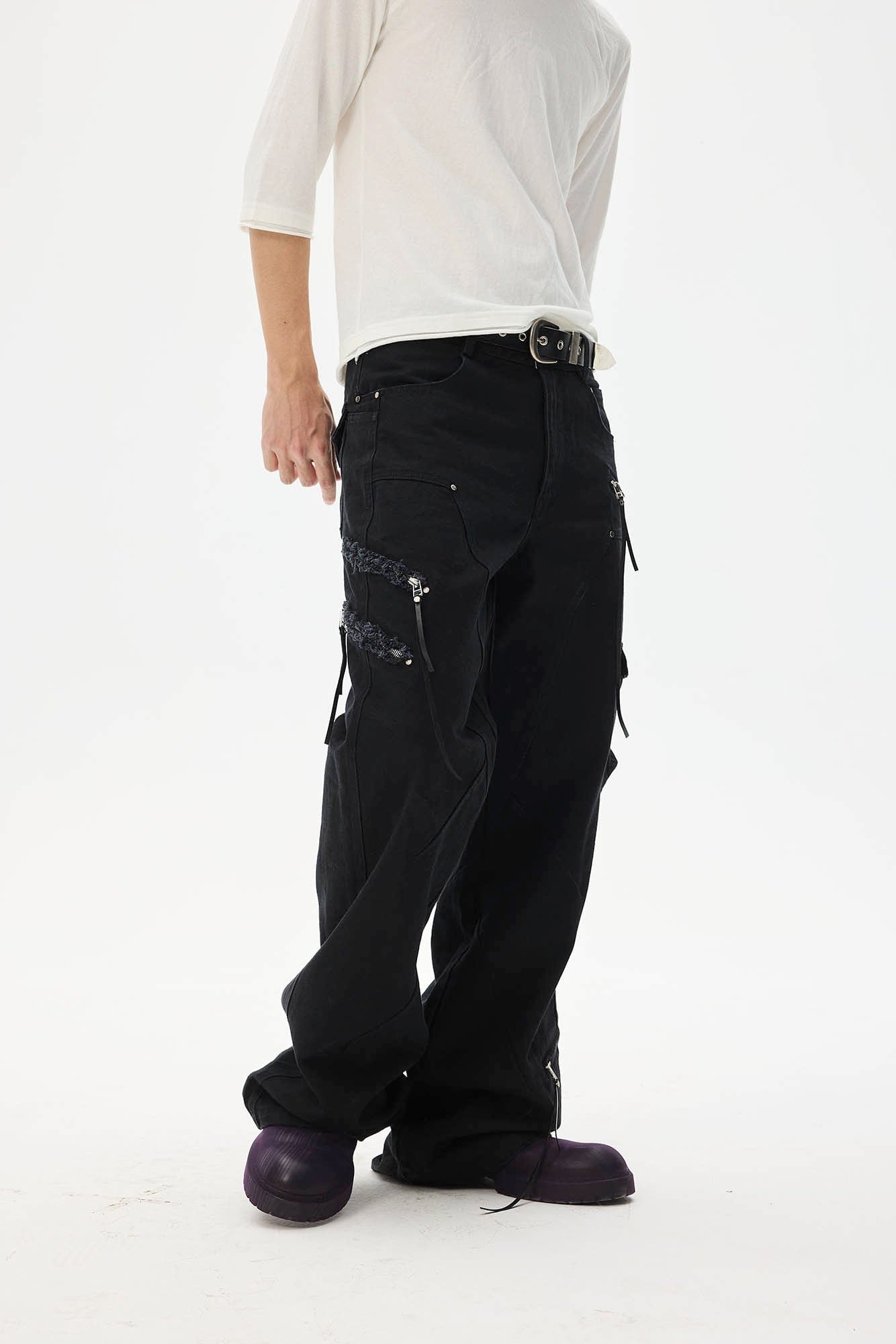 WHISTLEHUNTER Asymmetrical Zipper Frayed Flared Pants, premium urban and streetwear designers apparel on PROJECTISR.com, WHISTLEHUNTER