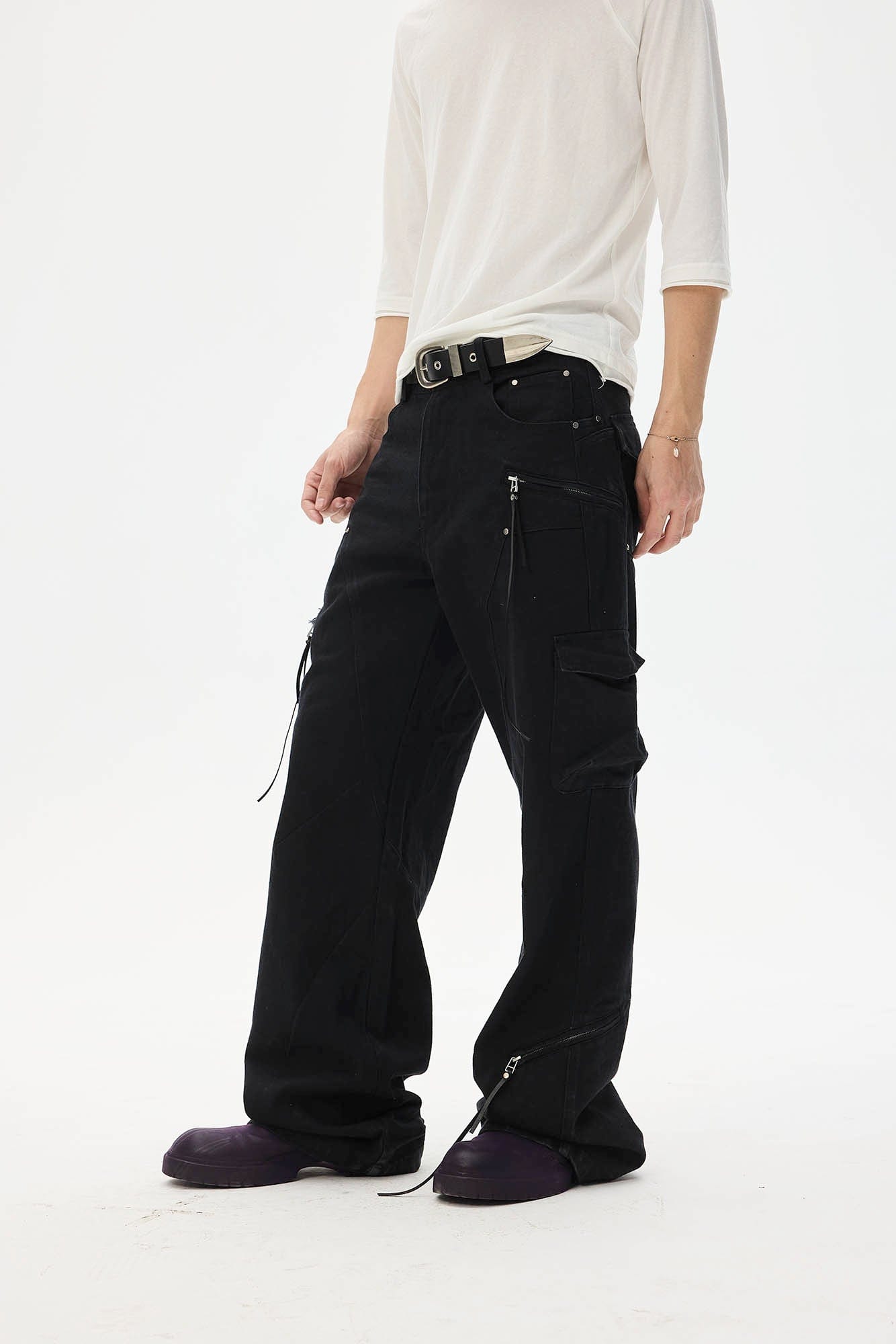 WHISTLEHUNTER Asymmetrical Zipper Frayed Flared Pants, premium urban and streetwear designers apparel on PROJECTISR.com, WHISTLEHUNTER