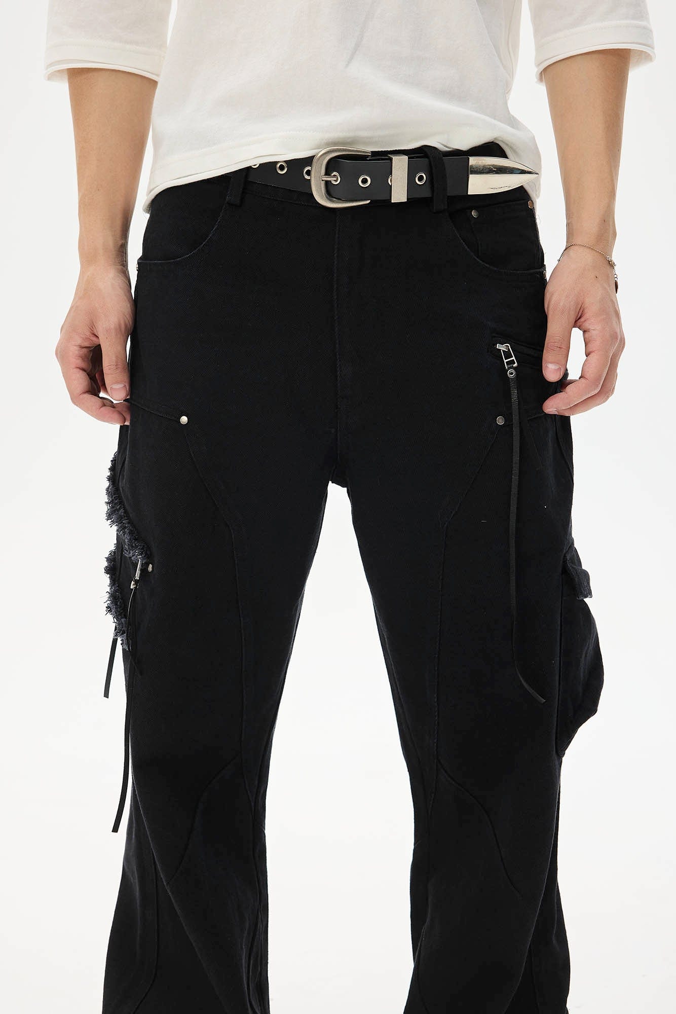 WHISTLEHUNTER Asymmetrical Zipper Frayed Flared Pants, premium urban and streetwear designers apparel on PROJECTISR.com, WHISTLEHUNTER