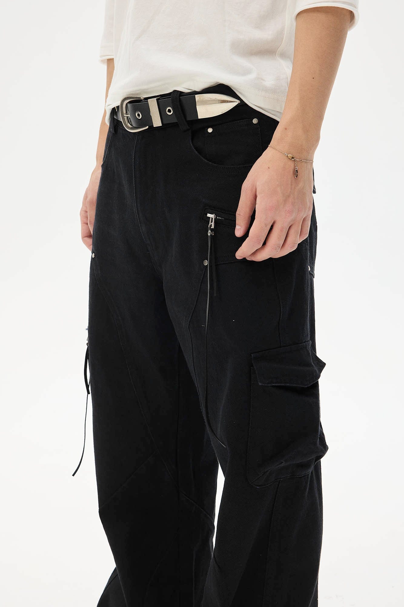 WHISTLEHUNTER Asymmetrical Zipper Frayed Flared Pants, premium urban and streetwear designers apparel on PROJECTISR.com, WHISTLEHUNTER