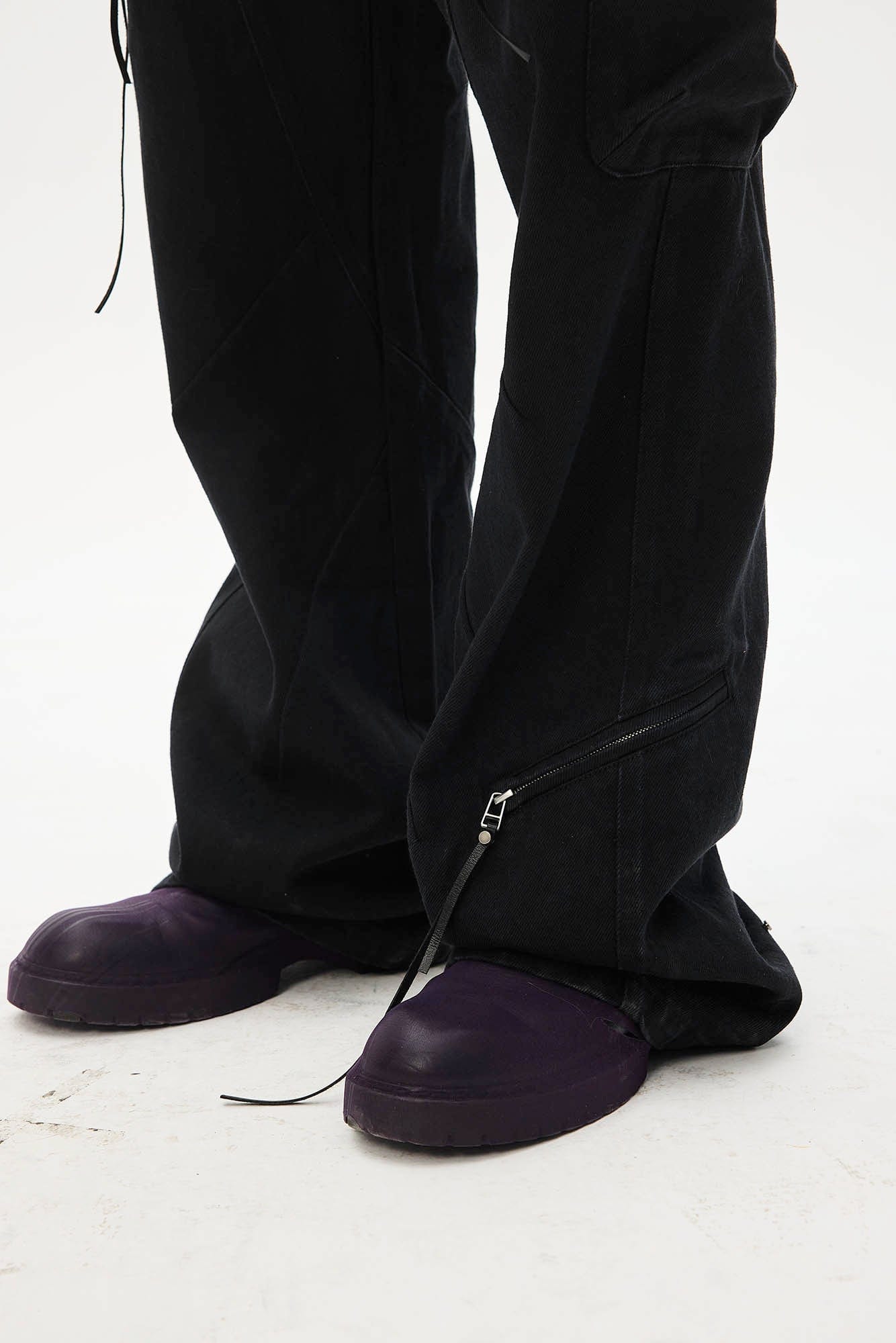 WHISTLEHUNTER Asymmetrical Zipper Frayed Flared Pants, premium urban and streetwear designers apparel on PROJECTISR.com, WHISTLEHUNTER