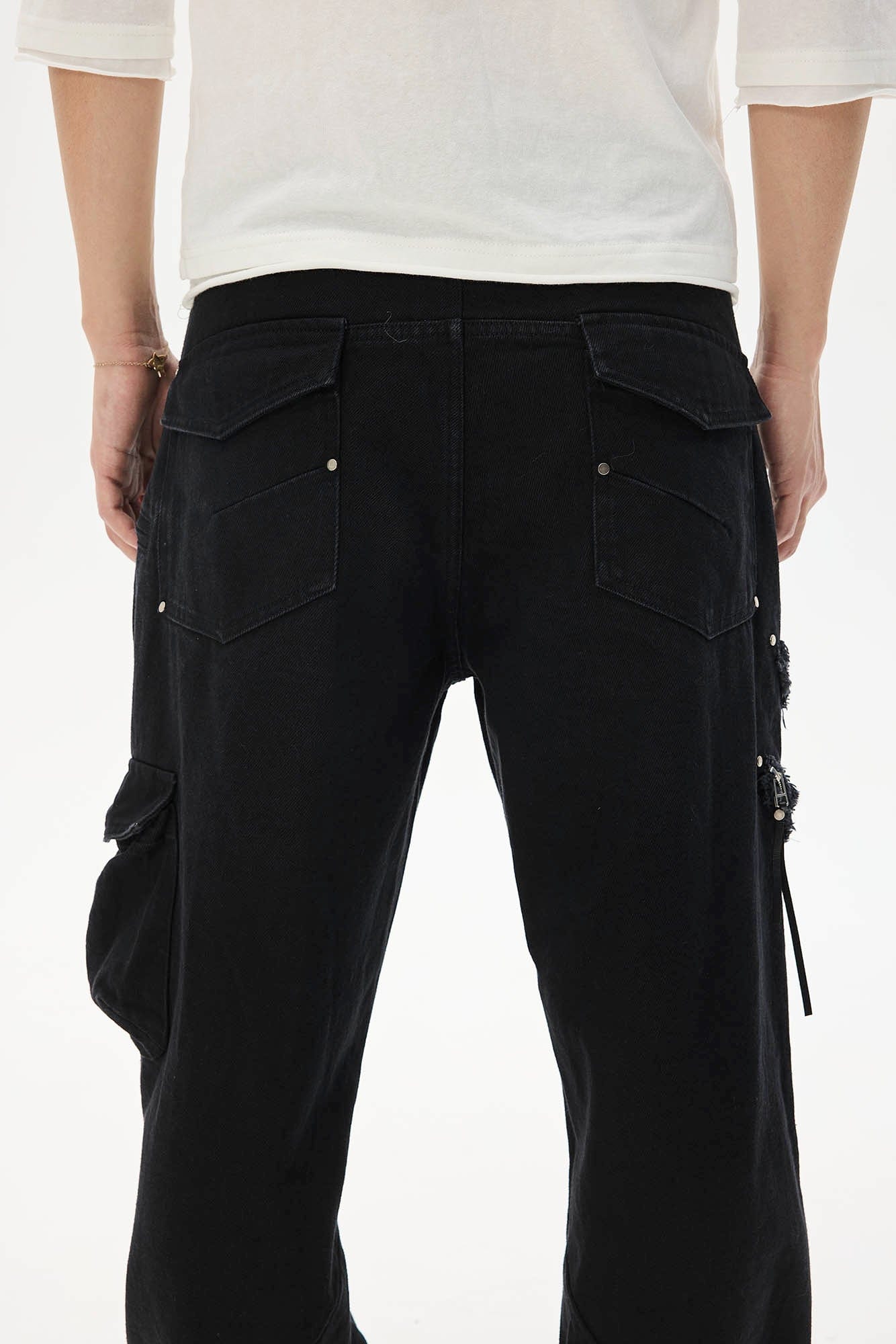 WHISTLEHUNTER Asymmetrical Zipper Frayed Flared Pants, premium urban and streetwear designers apparel on PROJECTISR.com, WHISTLEHUNTER