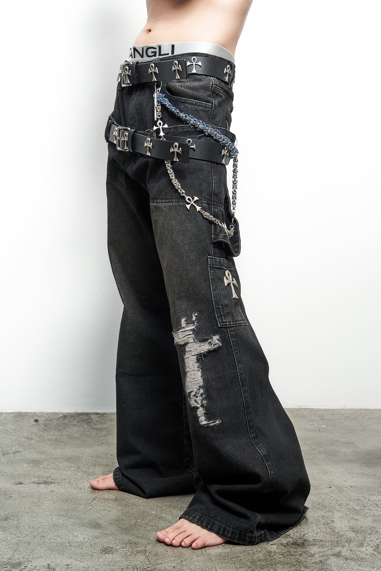 ANTI WAR REVIVAL Double Waistband Distressed Washed Flared Jeans