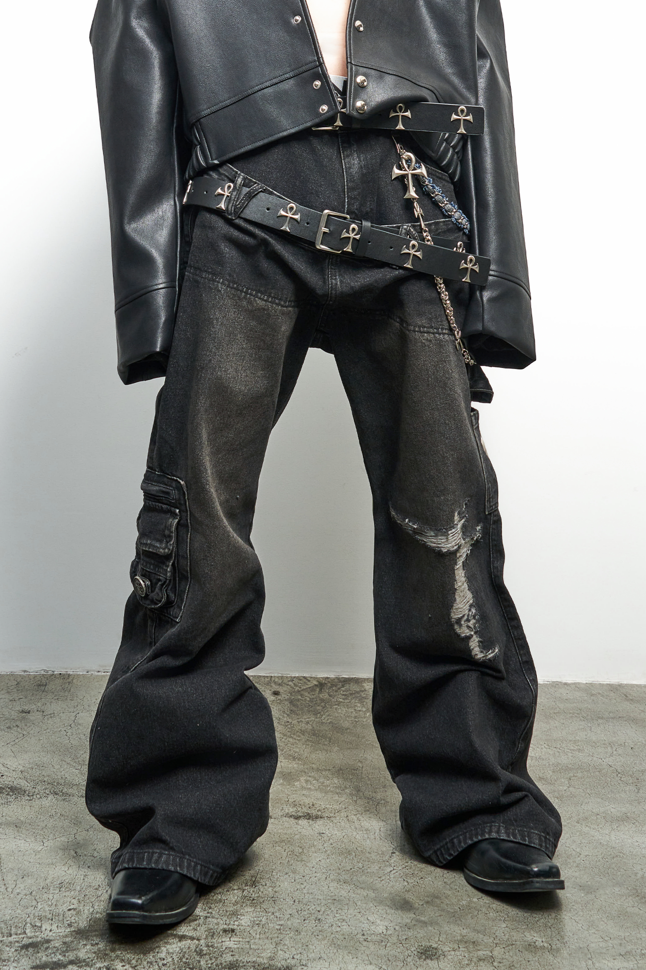 ANTI WAR REVIVAL Double Waistband Distressed Washed Flared Jeans