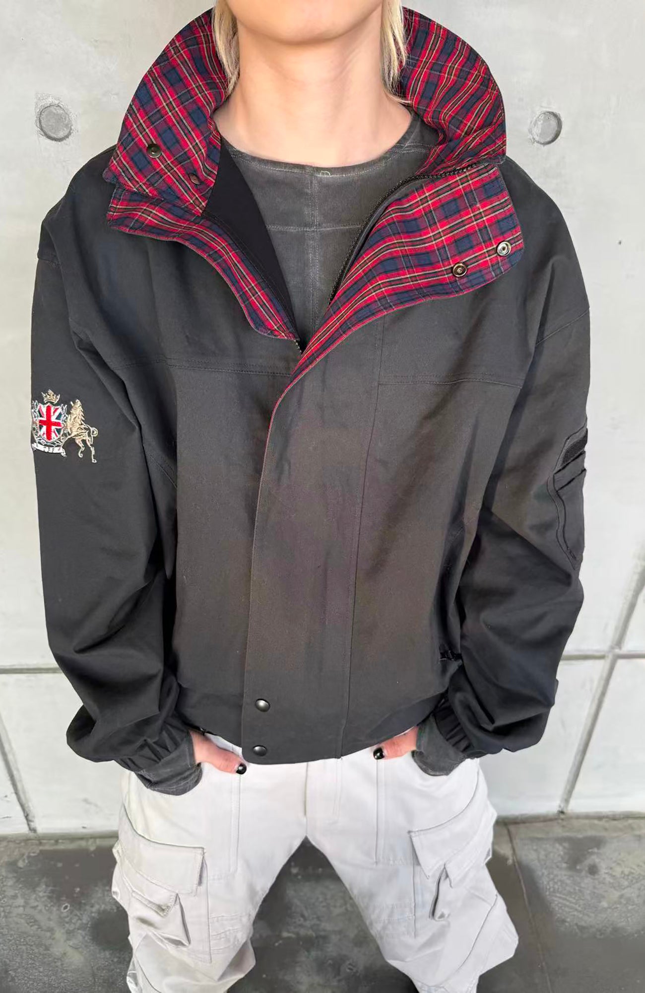 TRECLUB Retro Plaid-Lined Stand-Collar Jacket, premium urban and streetwear designers apparel on PROJECTISR.com, TRECLUB