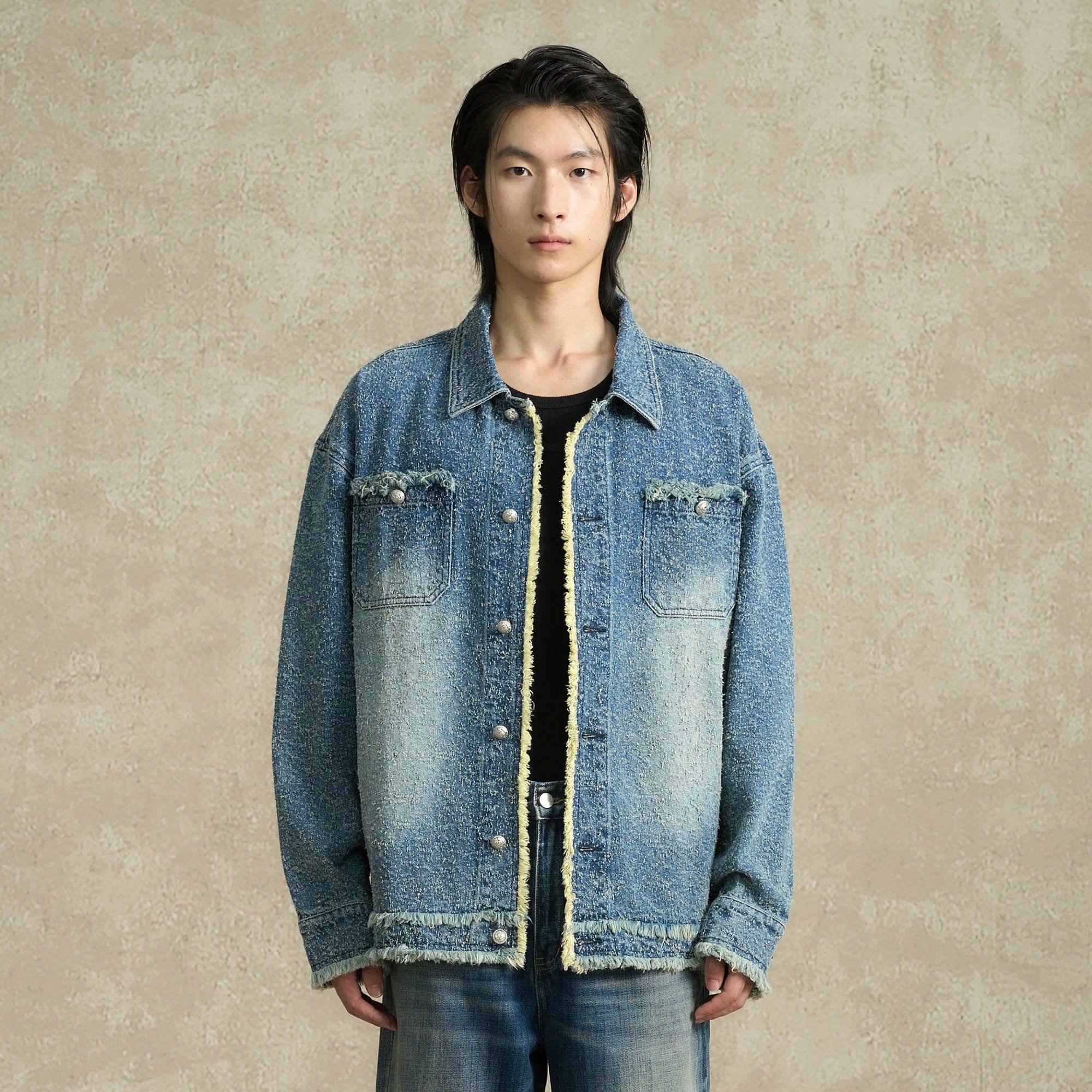 BONELESS Washed Frayed Edge Denim Jacket, premium urban and streetwear designers apparel on PROJECTISR.com, BONELESS