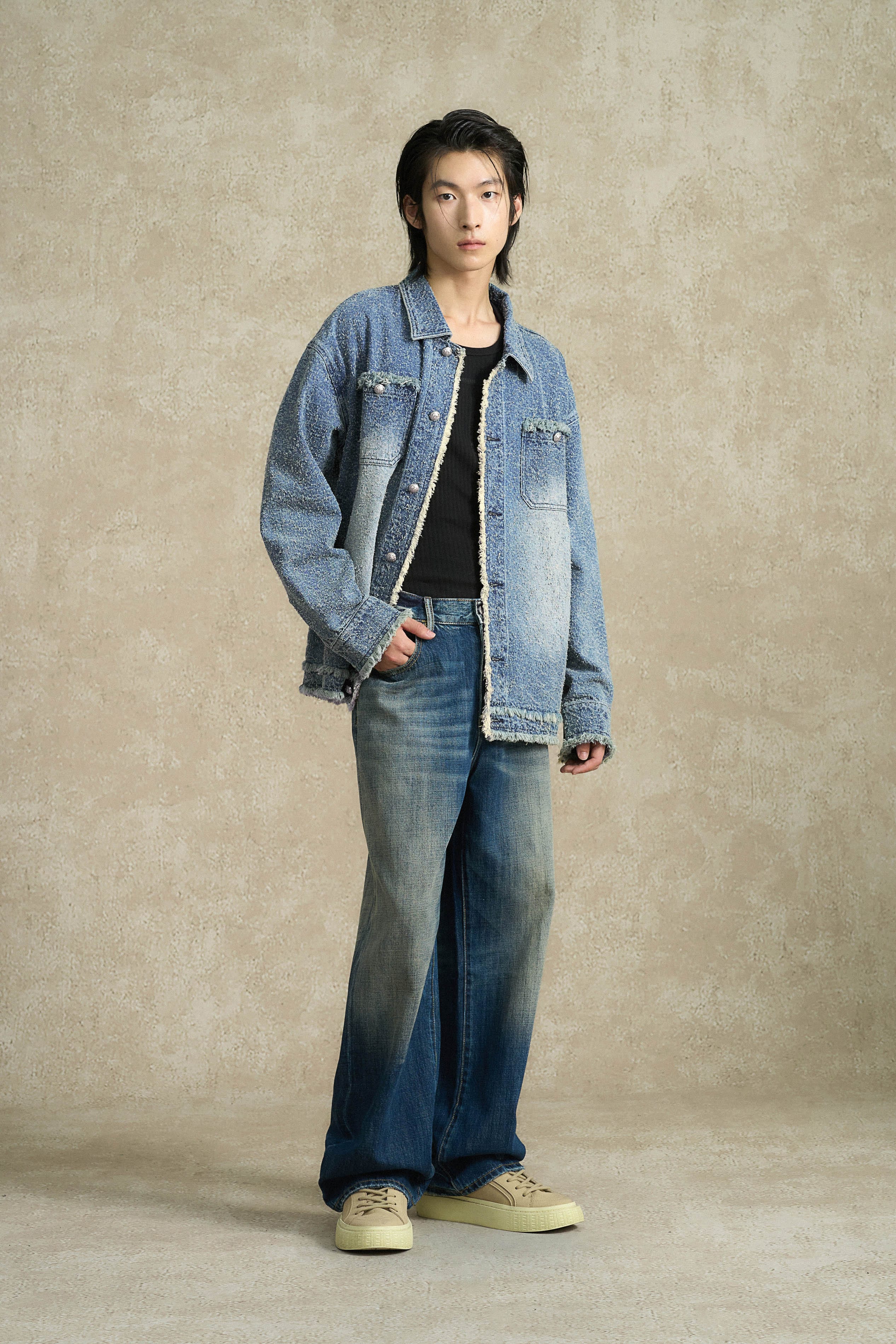 BONELESS Washed Frayed Edge Denim Jacket, premium urban and streetwear designers apparel on PROJECTISR.com, BONELESS