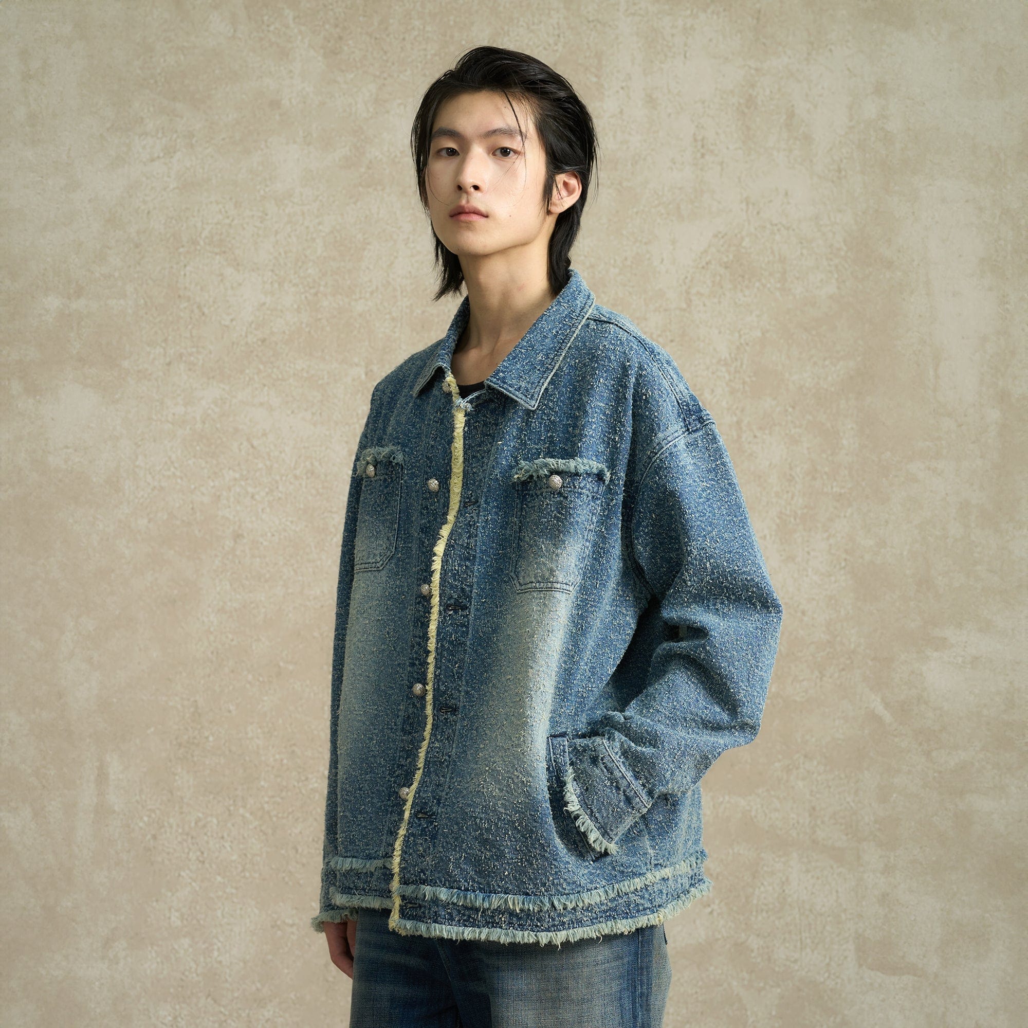 BONELESS Washed Frayed Edge Denim Jacket, premium urban and streetwear designers apparel on PROJECTISR.com, BONELESS