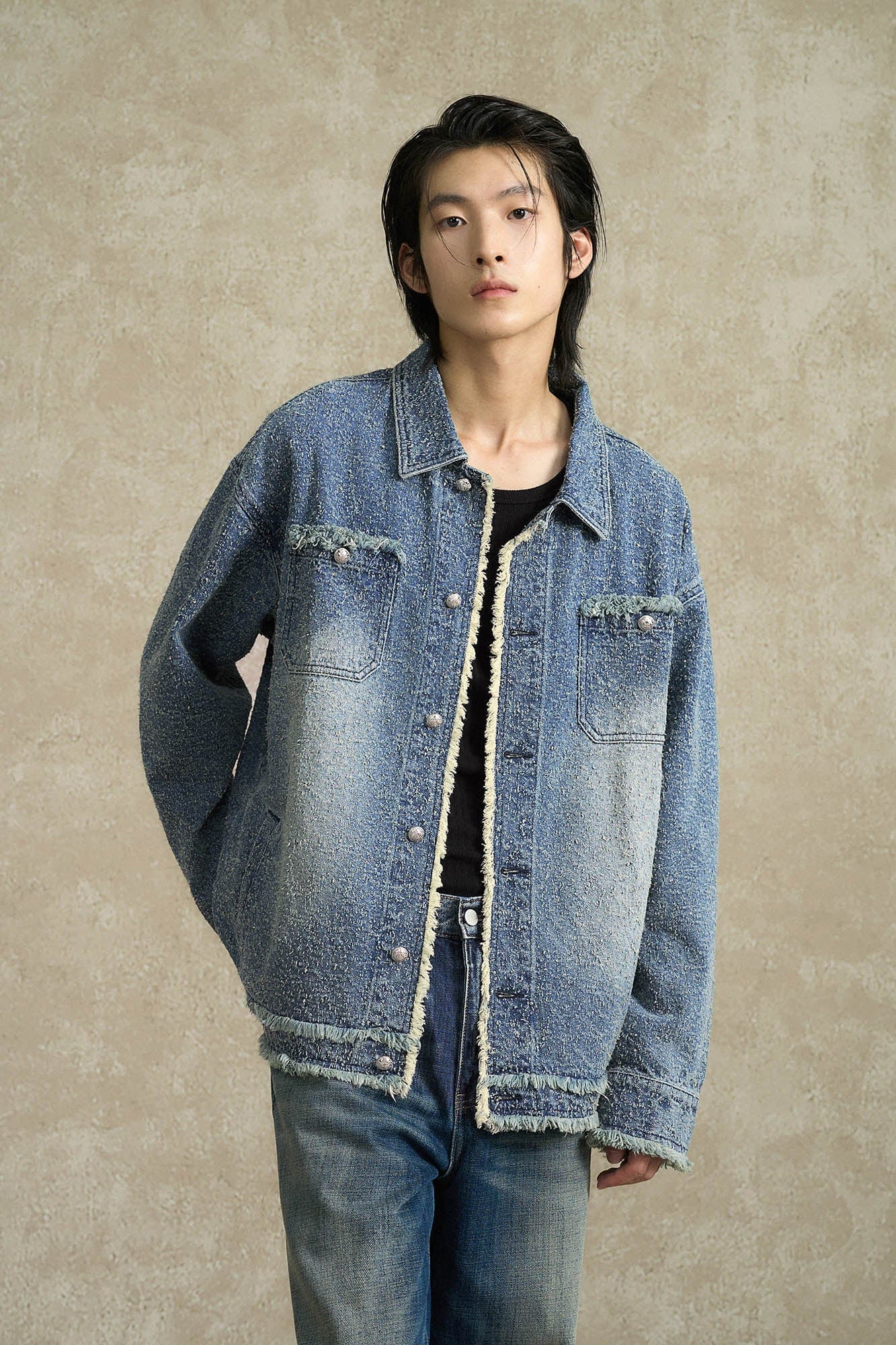 BONELESS Washed Frayed Edge Denim Jacket, premium urban and streetwear designers apparel on PROJECTISR.com, BONELESS