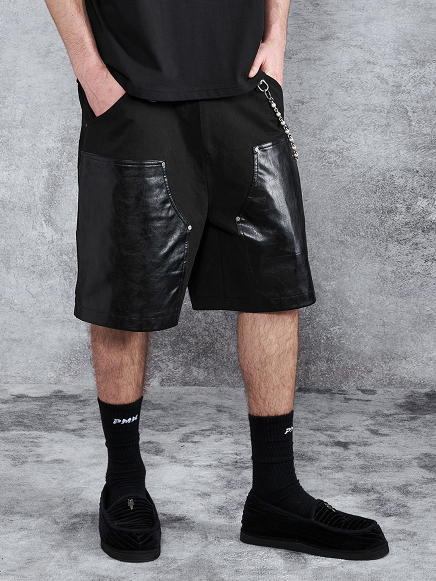PMW Paneled Faux Leather Rivet Shorts, premium urban and streetwear designers apparel on PROJECTISR.com, PMW
