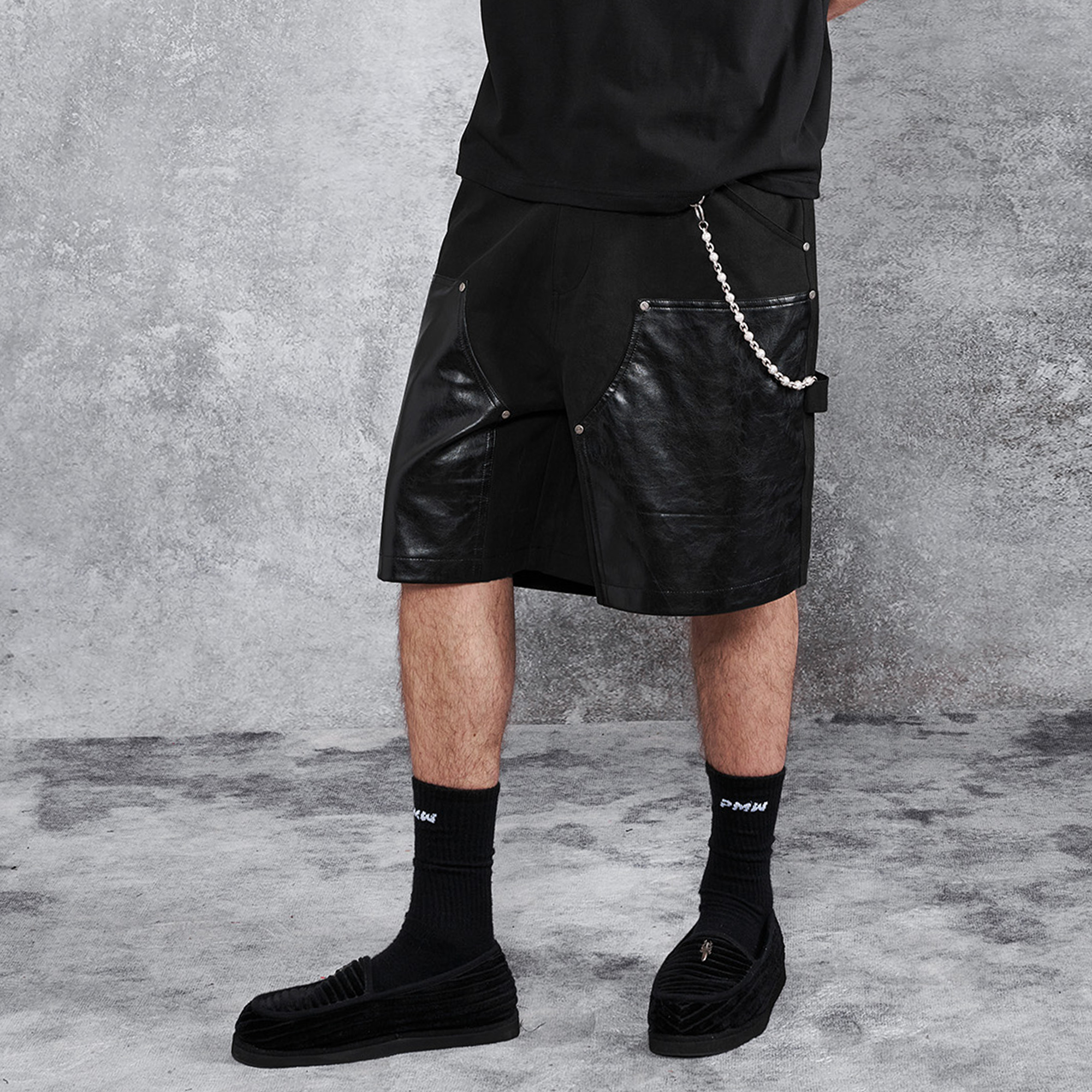 PMW Paneled Faux Leather Rivet Shorts, premium urban and streetwear designers apparel on PROJECTISR.com, PMW