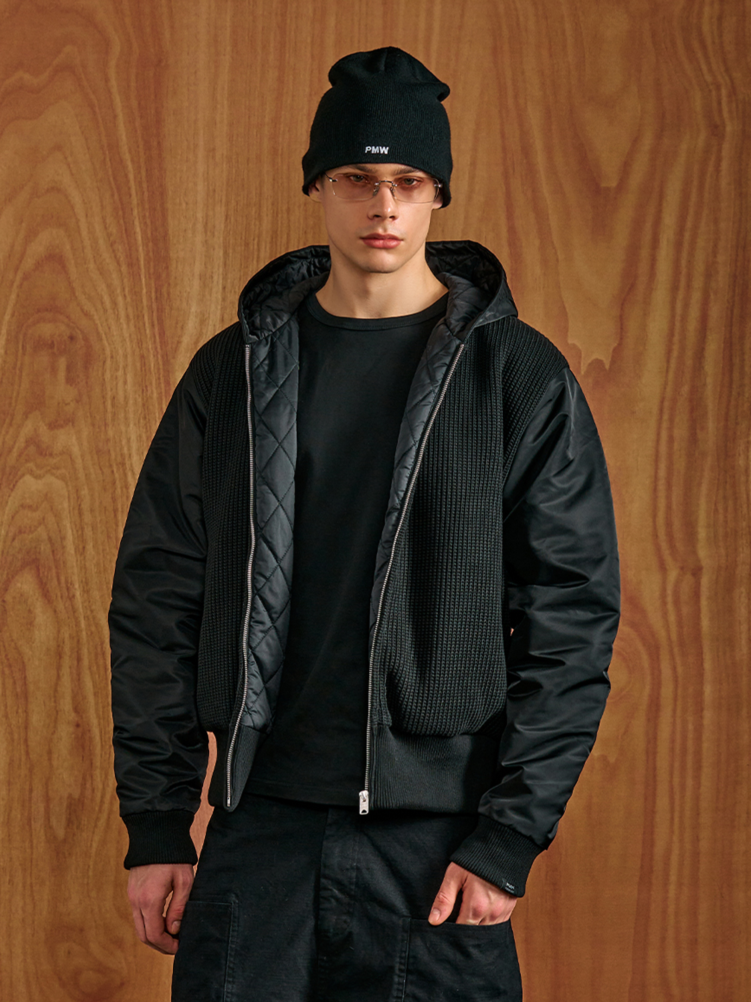 PMW Knitted Panel Ruched-Sleeve Hooded Jacket