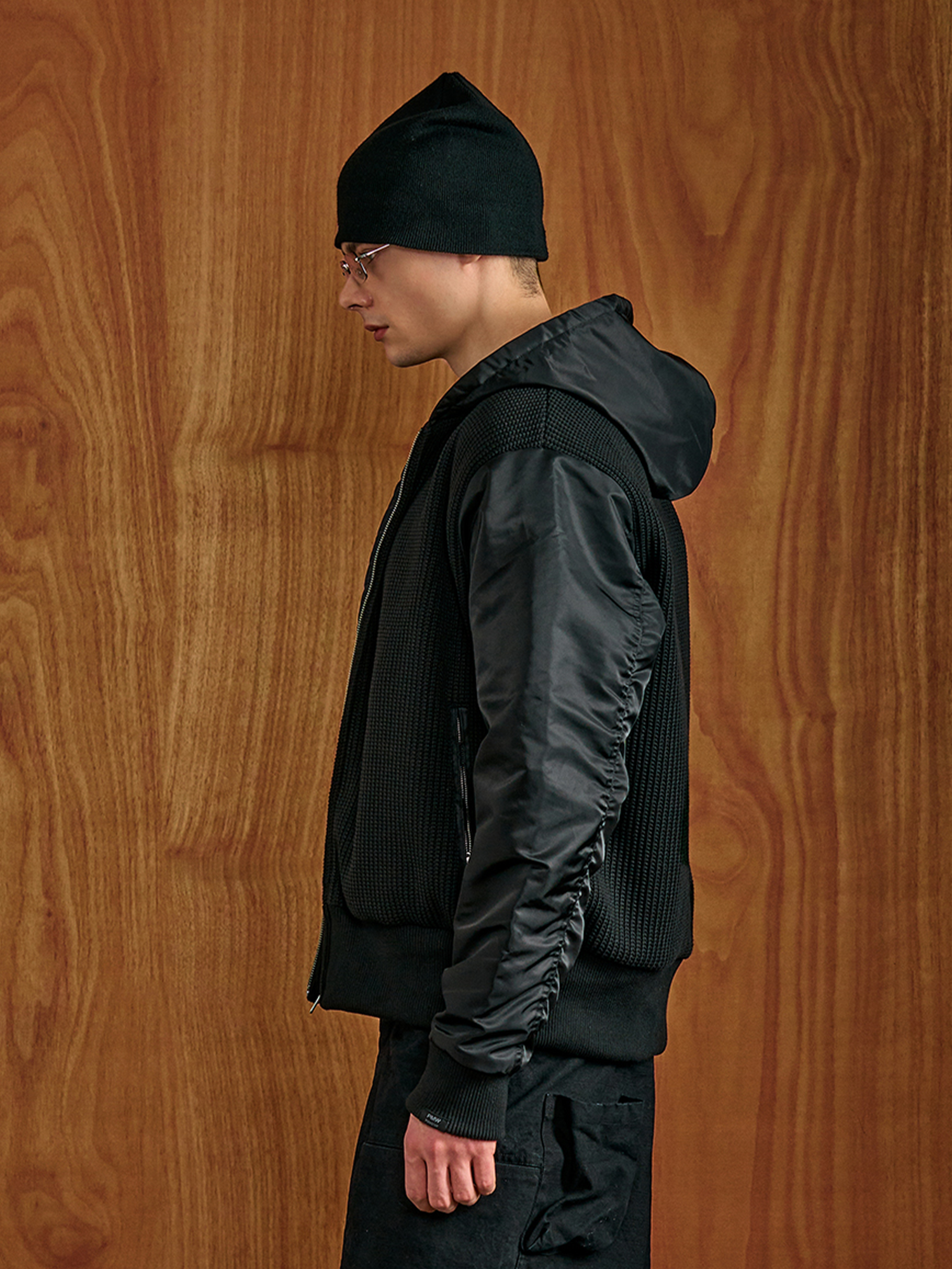 PMW Knitted Panel Ruched-Sleeve Hooded Jacket