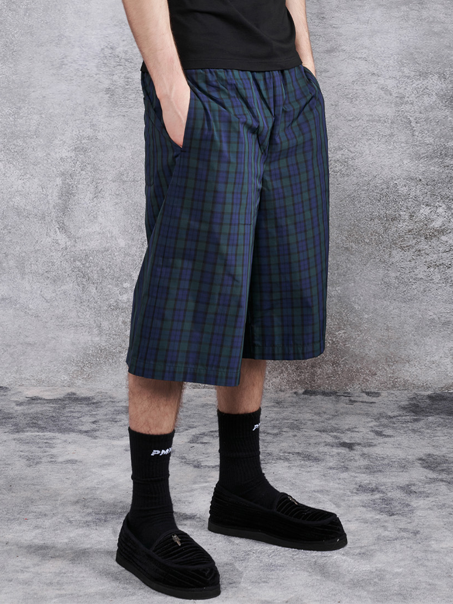 PMW Retro Plaid Drawstring Wide-Leg Shorts, premium urban and streetwear designers apparel on PROJECTISR.com, PMW