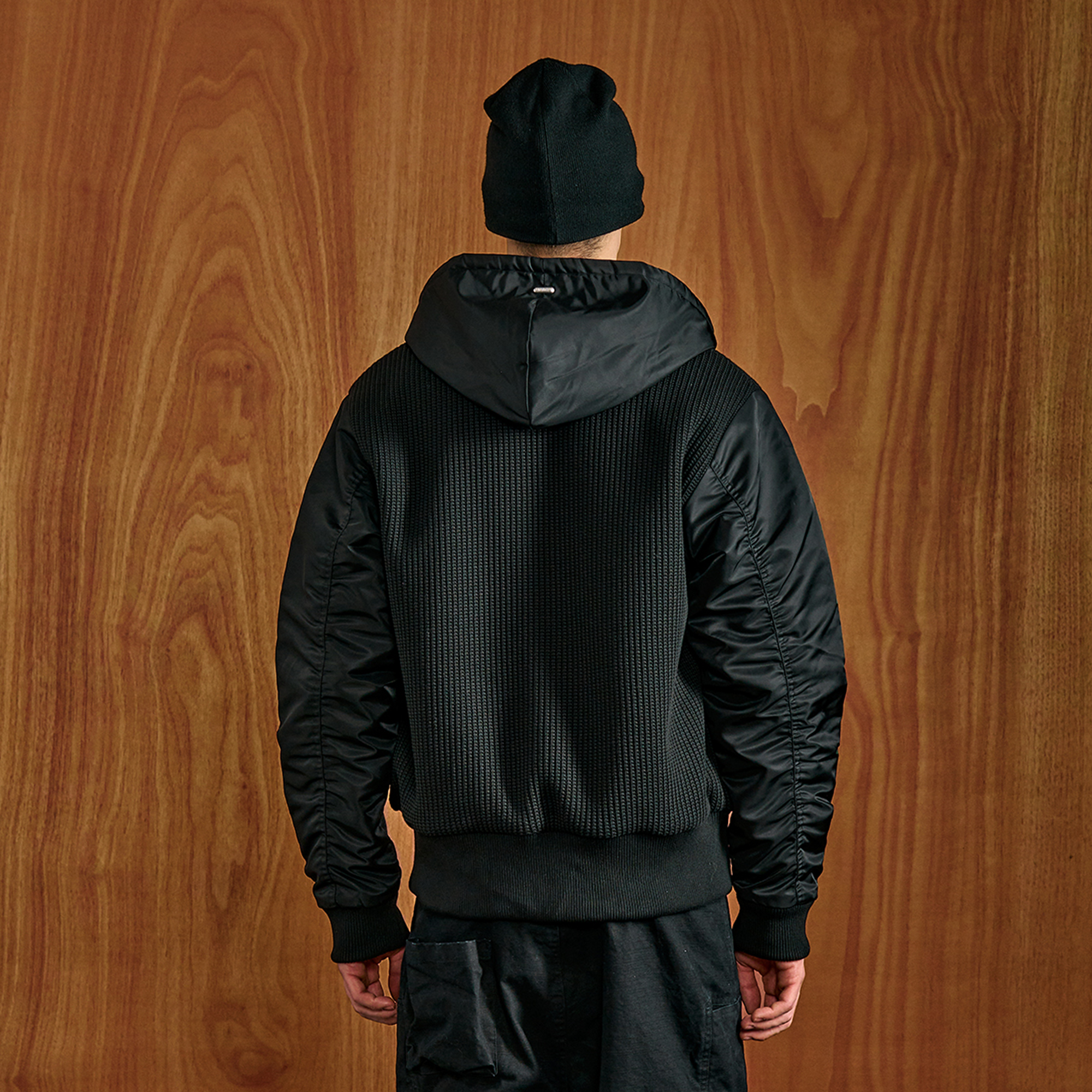 PMW Knitted Panel Ruched-Sleeve Hooded Jacket