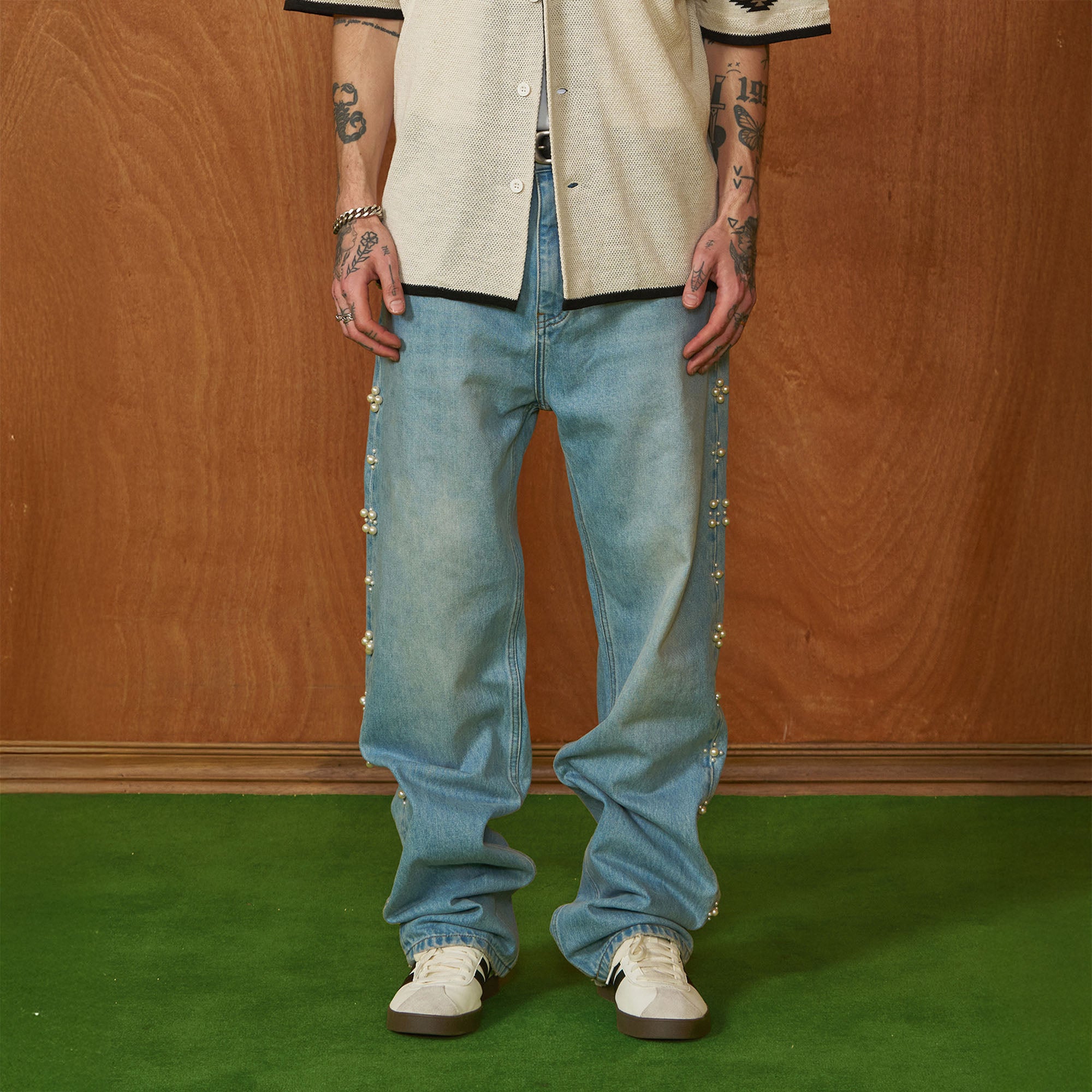 PMW Pearl-Embellished Washed Straight-Leg Jeans, premium urban and streetwear designers apparel on PROJECTISR.com, PMW