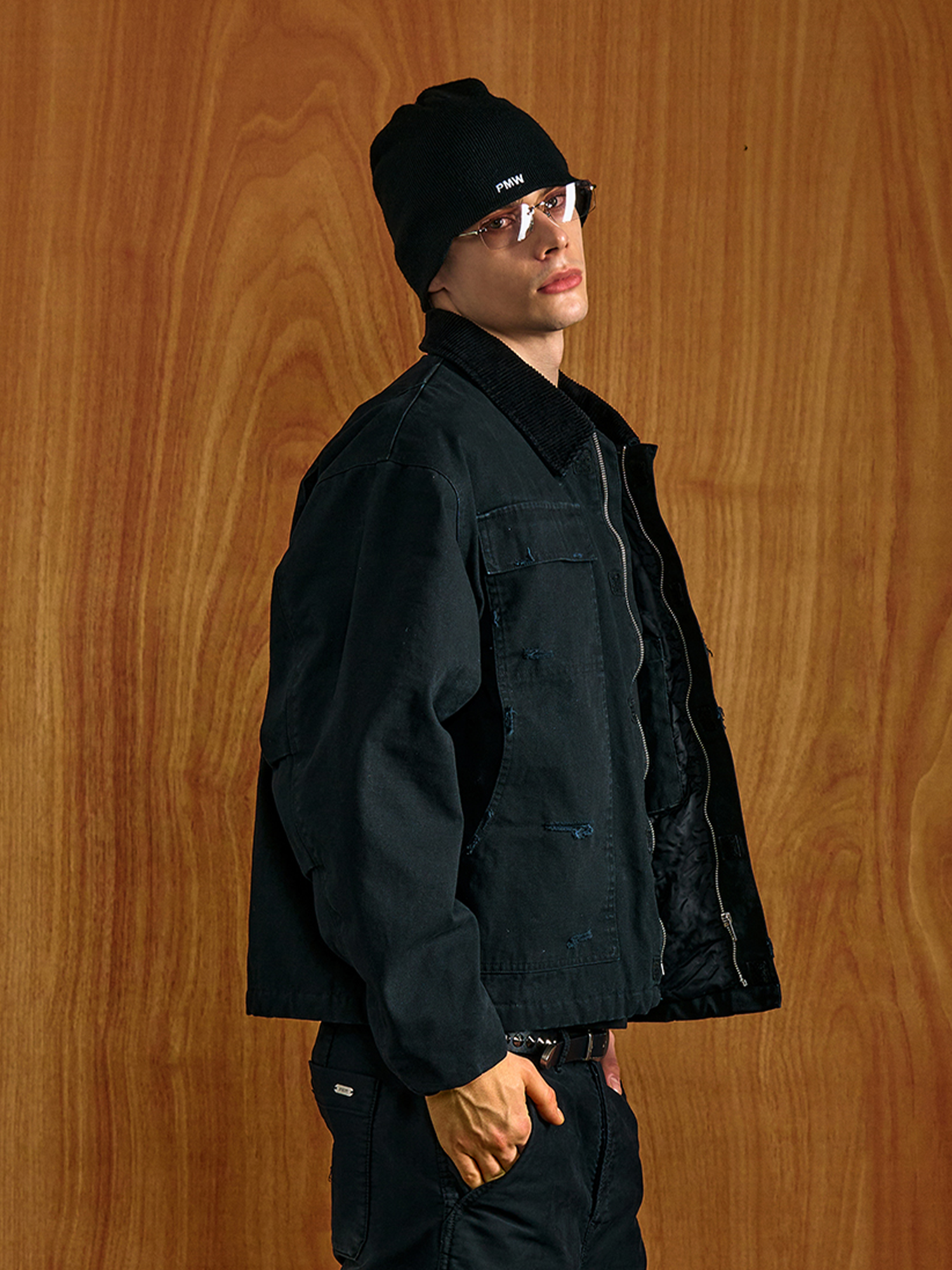 PMW Washed Distressed Corduroy-Collar Jacket