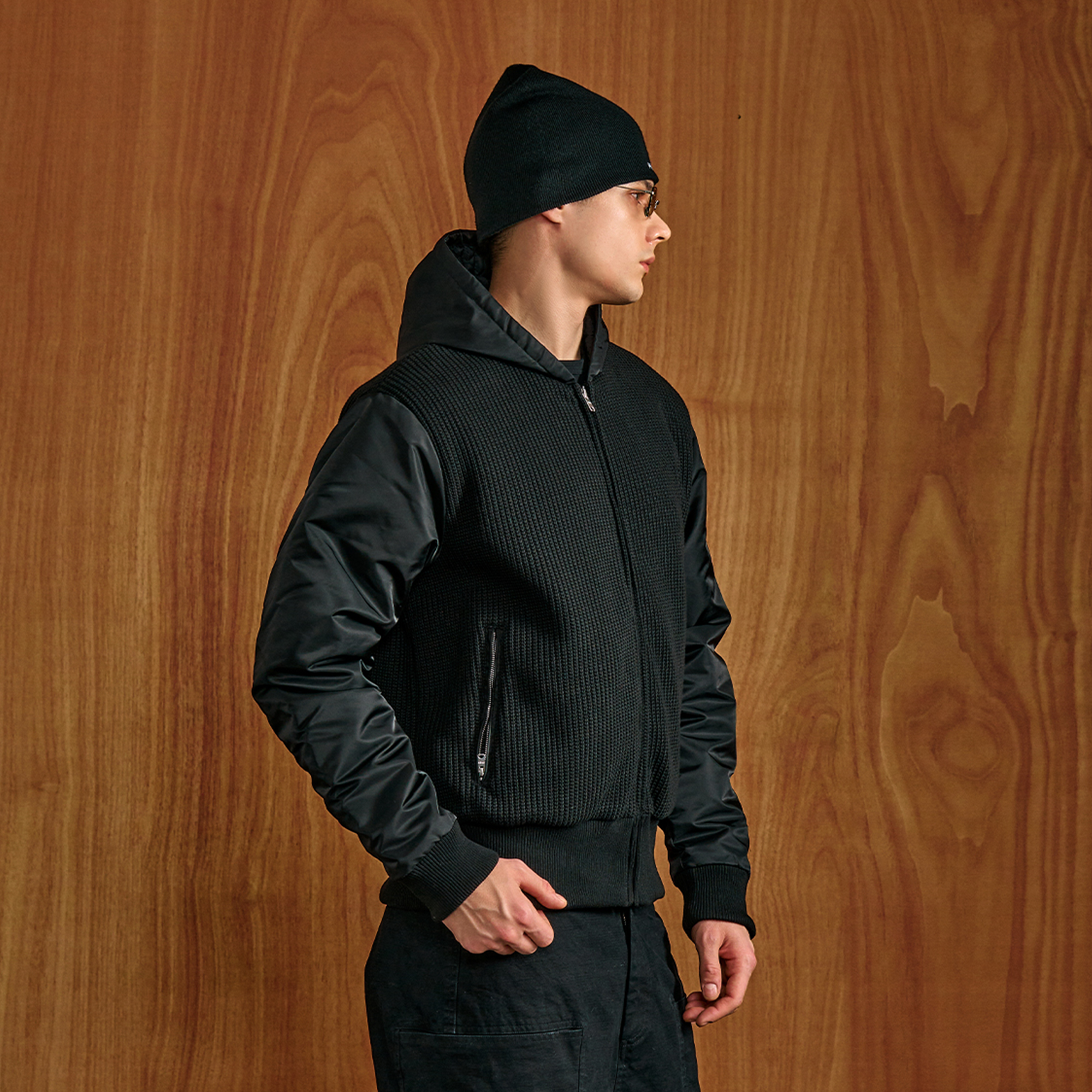 PMW Knitted Panel Ruched-Sleeve Hooded Jacket