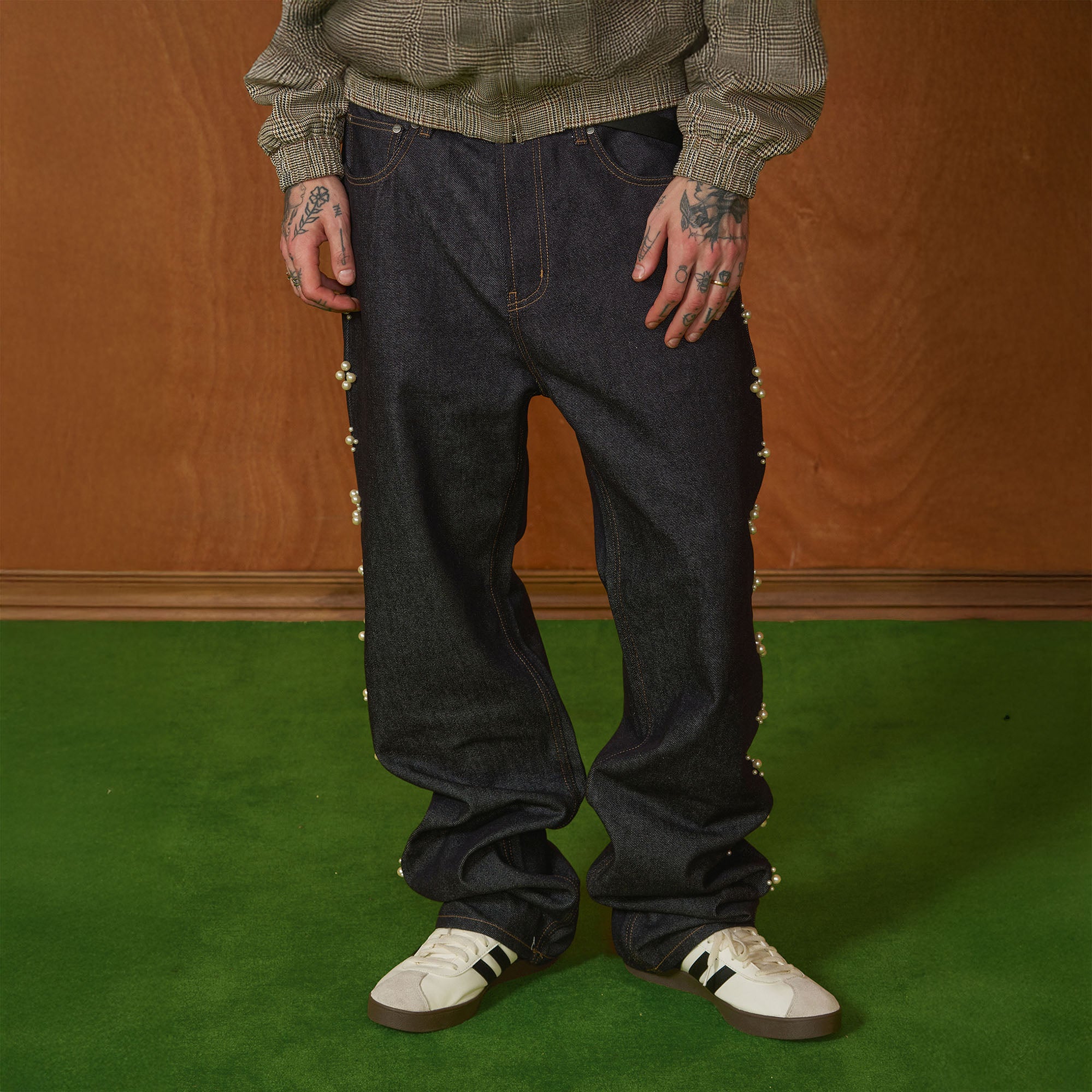PMW Pearl-Embellished Raw Jeans, premium urban and streetwear designers apparel on PROJECTISR.com, PMW
