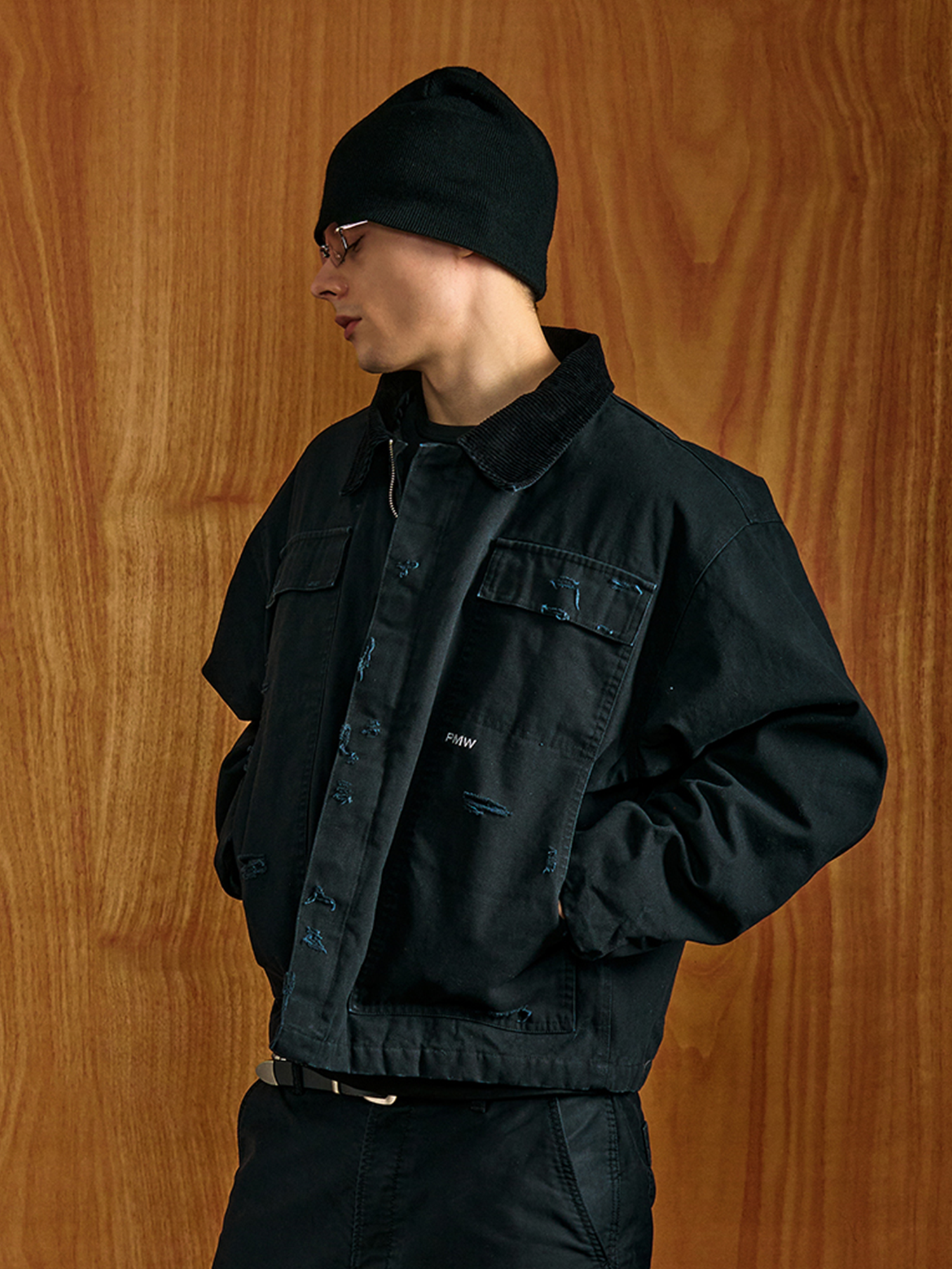 PMW Washed Distressed Corduroy-Collar Jacket