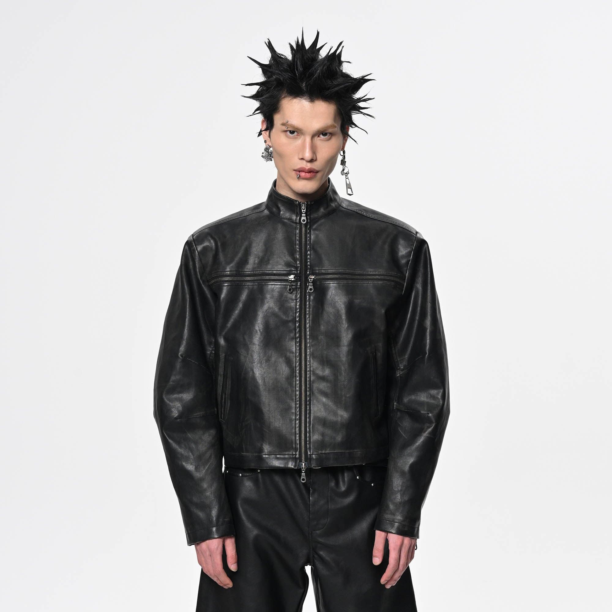 SAVAGEGROWTHWORLD Crossed Spliced Rivet Faux Leather Jacket, premium urban and streetwear designers apparel on PROJECTISR.com, SAVAGEGROWTHWORLD