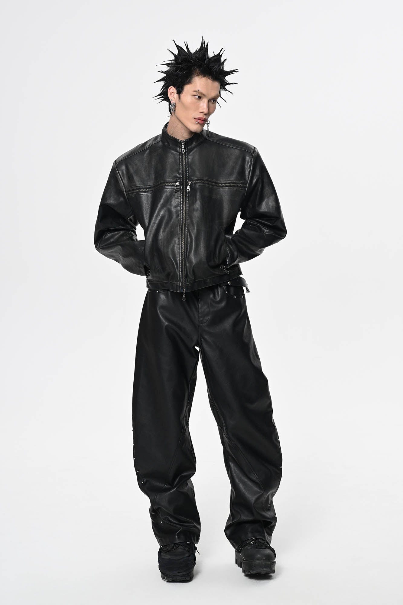 SAVAGEGROWTHWORLD Crossed Spliced Rivet Faux Leather Jacket, premium urban and streetwear designers apparel on PROJECTISR.com, SAVAGEGROWTHWORLD