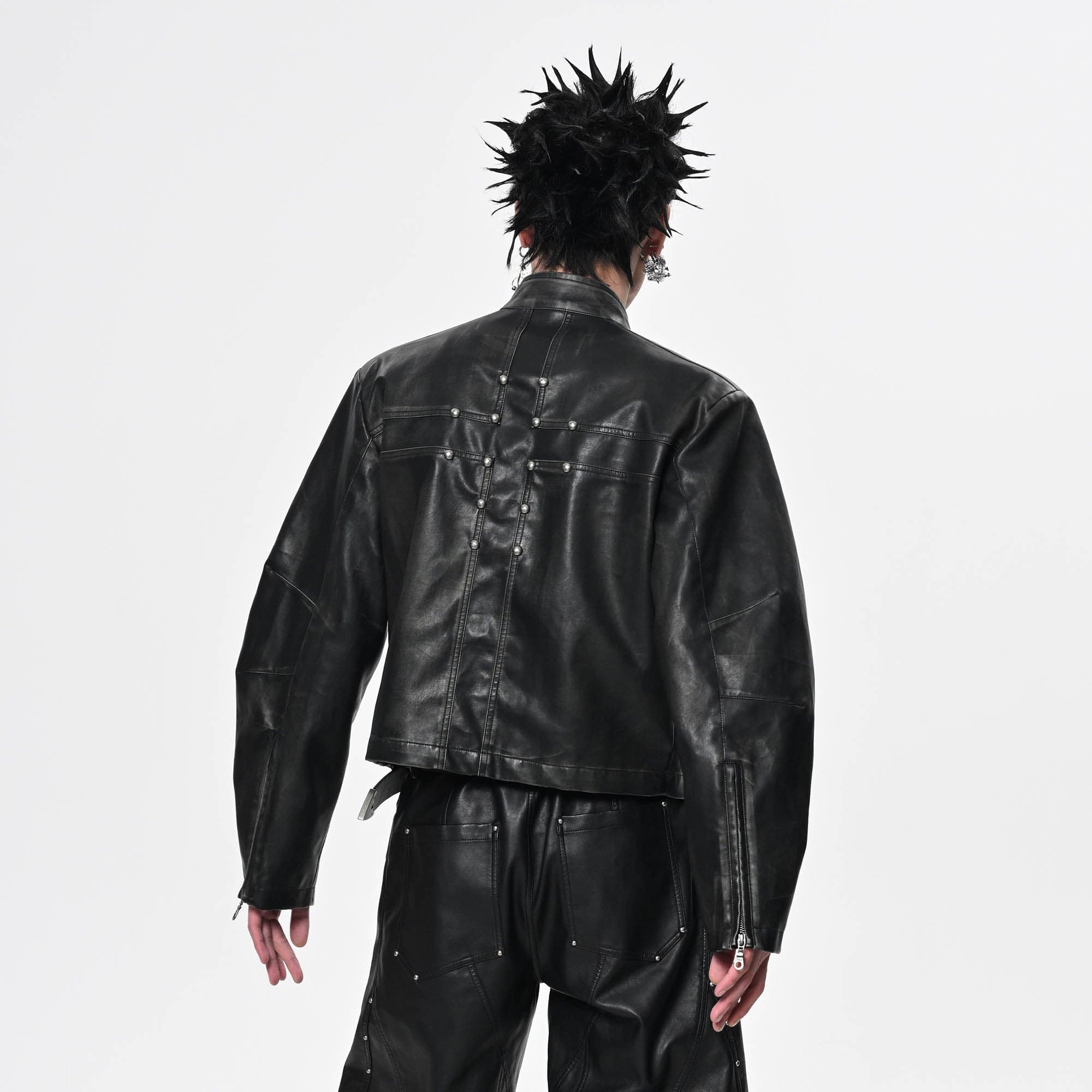 SAVAGEGROWTHWORLD Crossed Spliced Rivet Faux Leather Jacket, premium urban and streetwear designers apparel on PROJECTISR.com, SAVAGEGROWTHWORLD