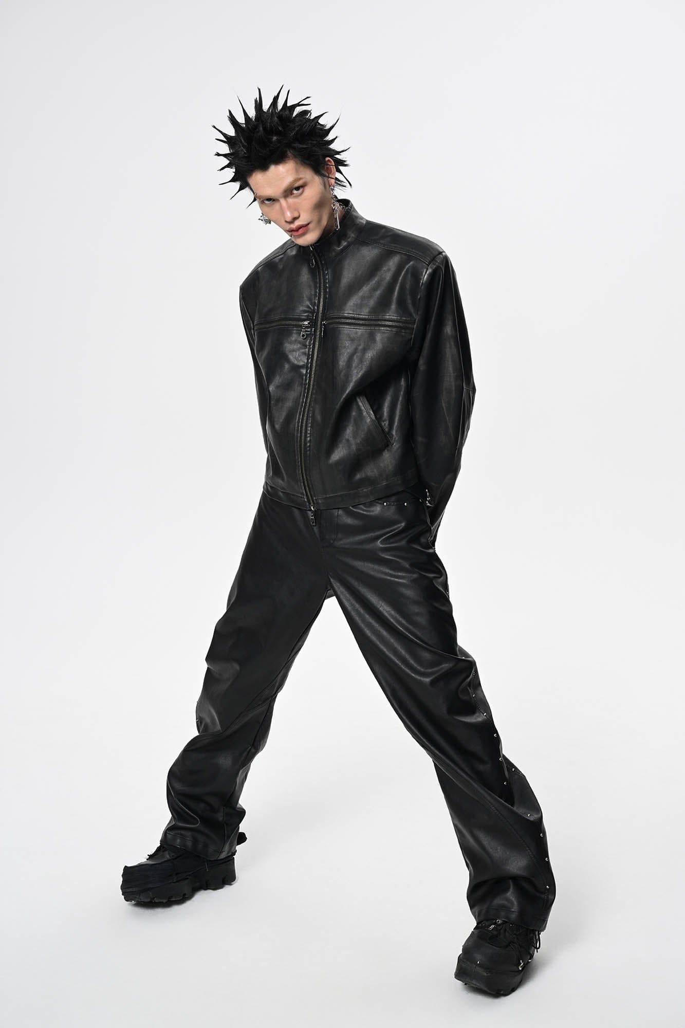 SAVAGEGROWTHWORLD Crossed Spliced Rivet Faux Leather Jacket, premium urban and streetwear designers apparel on PROJECTISR.com, SAVAGEGROWTHWORLD