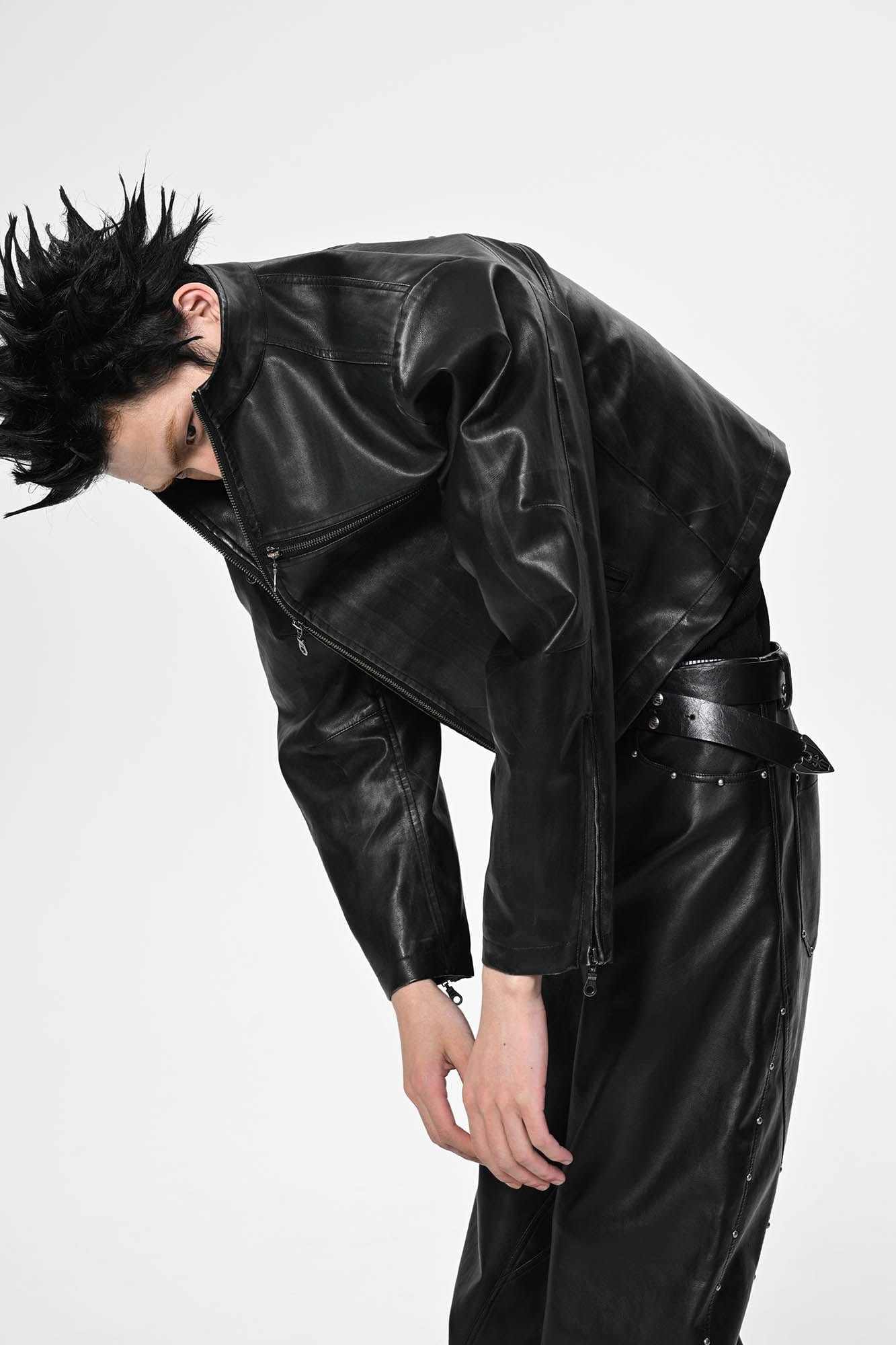 SAVAGEGROWTHWORLD Crossed Spliced Rivet Faux Leather Jacket, premium urban and streetwear designers apparel on PROJECTISR.com, SAVAGEGROWTHWORLD